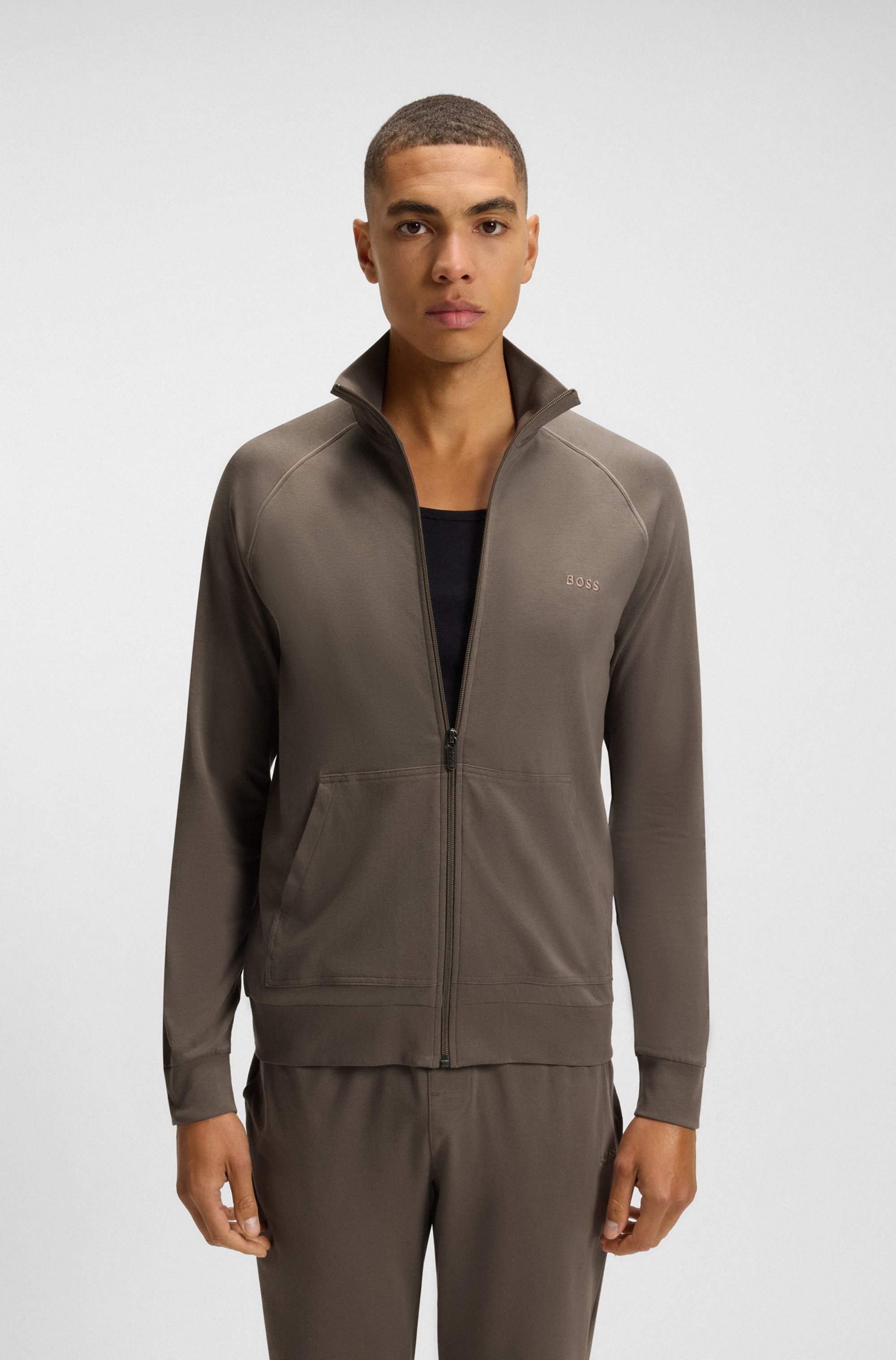 Zip-up jacket in stretch cotton with embroidered logo