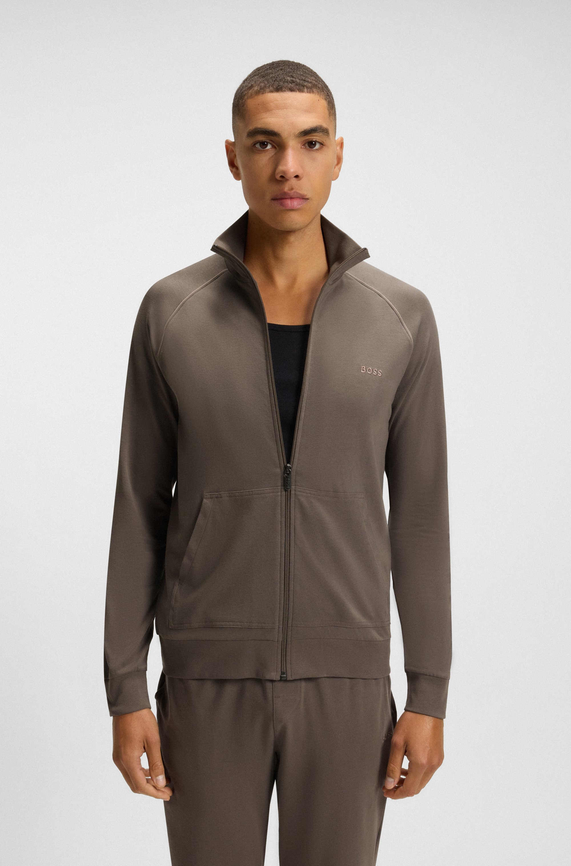 Zip-up jacket in stretch cotton with embroidered logo