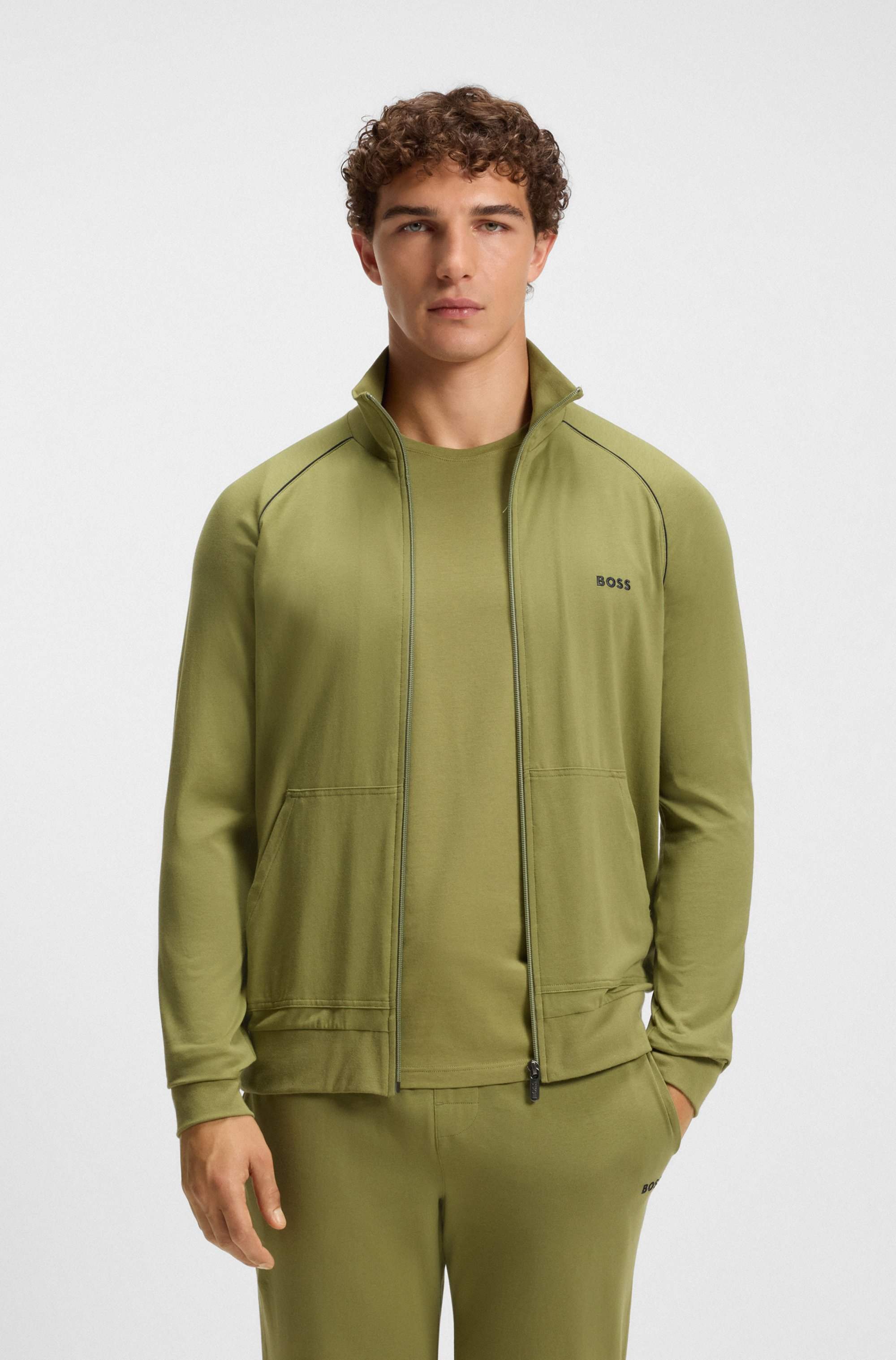 Stretch-cotton jacket with piping and logo