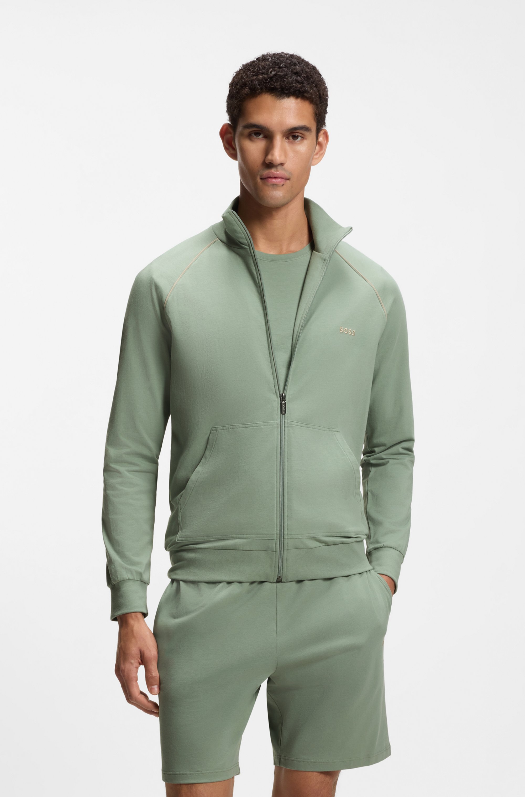 Zip-up jacket in stretch cotton with embroidered logo