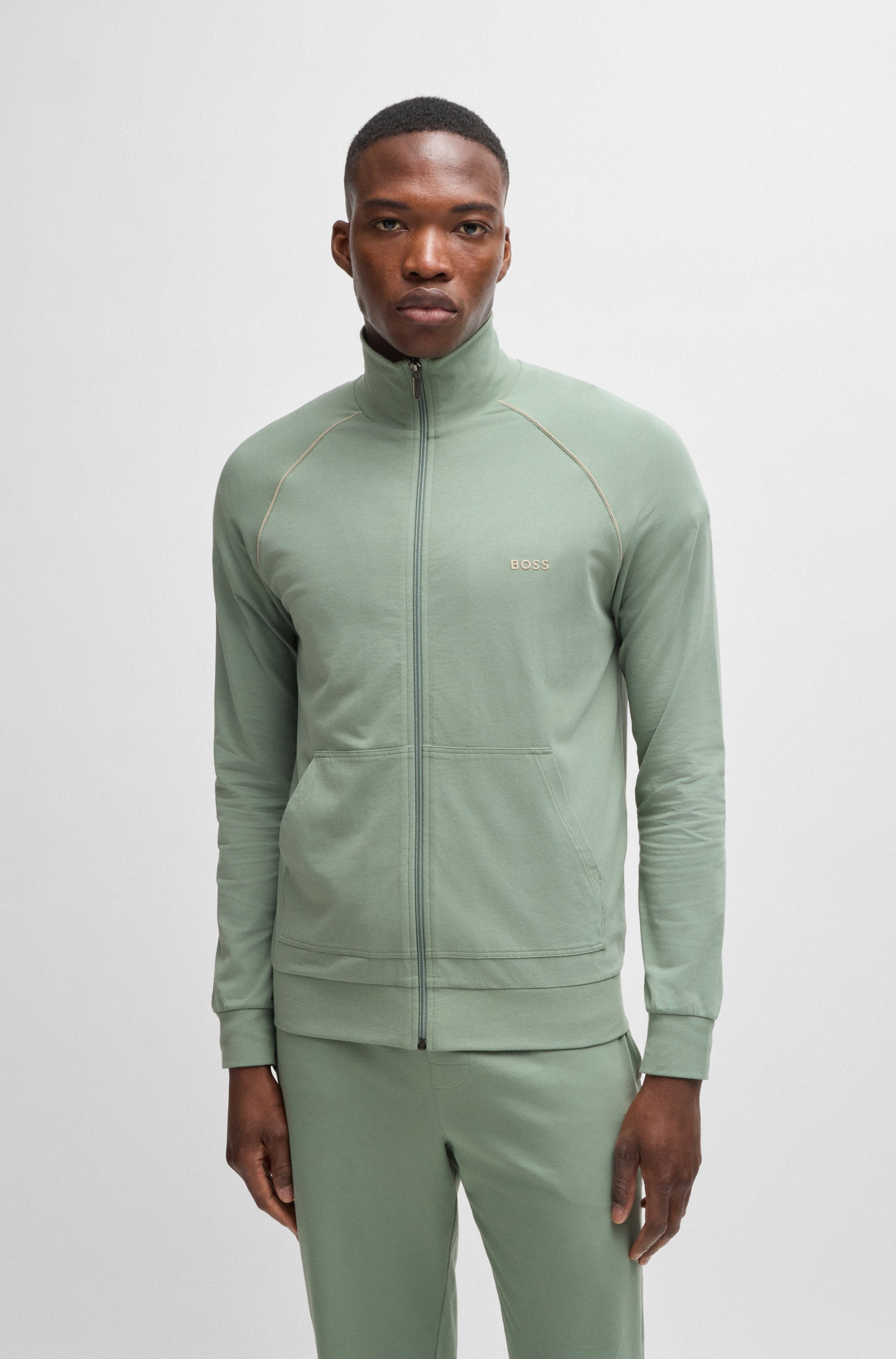 Zip-up jacket in stretch cotton with embroidered logo