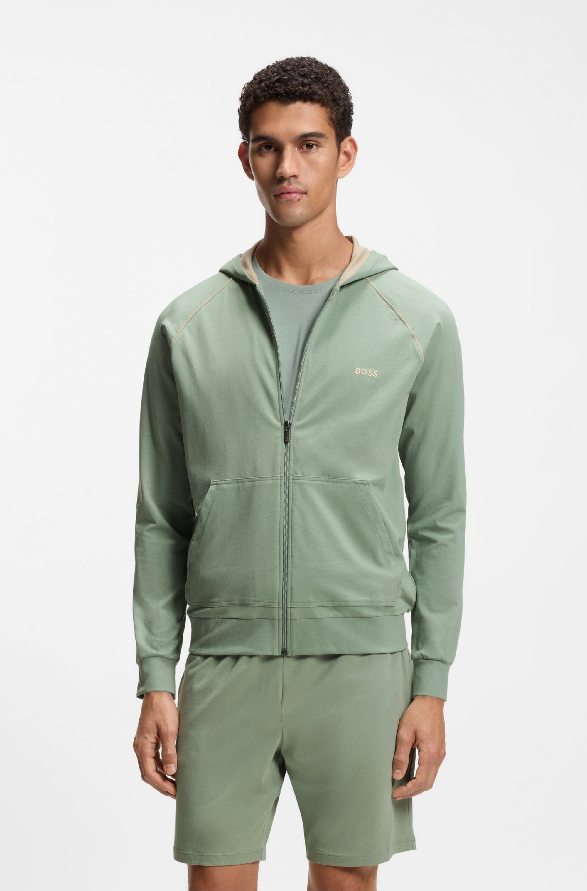 Zip-up hoodie in stretch cotton with embroidered logo