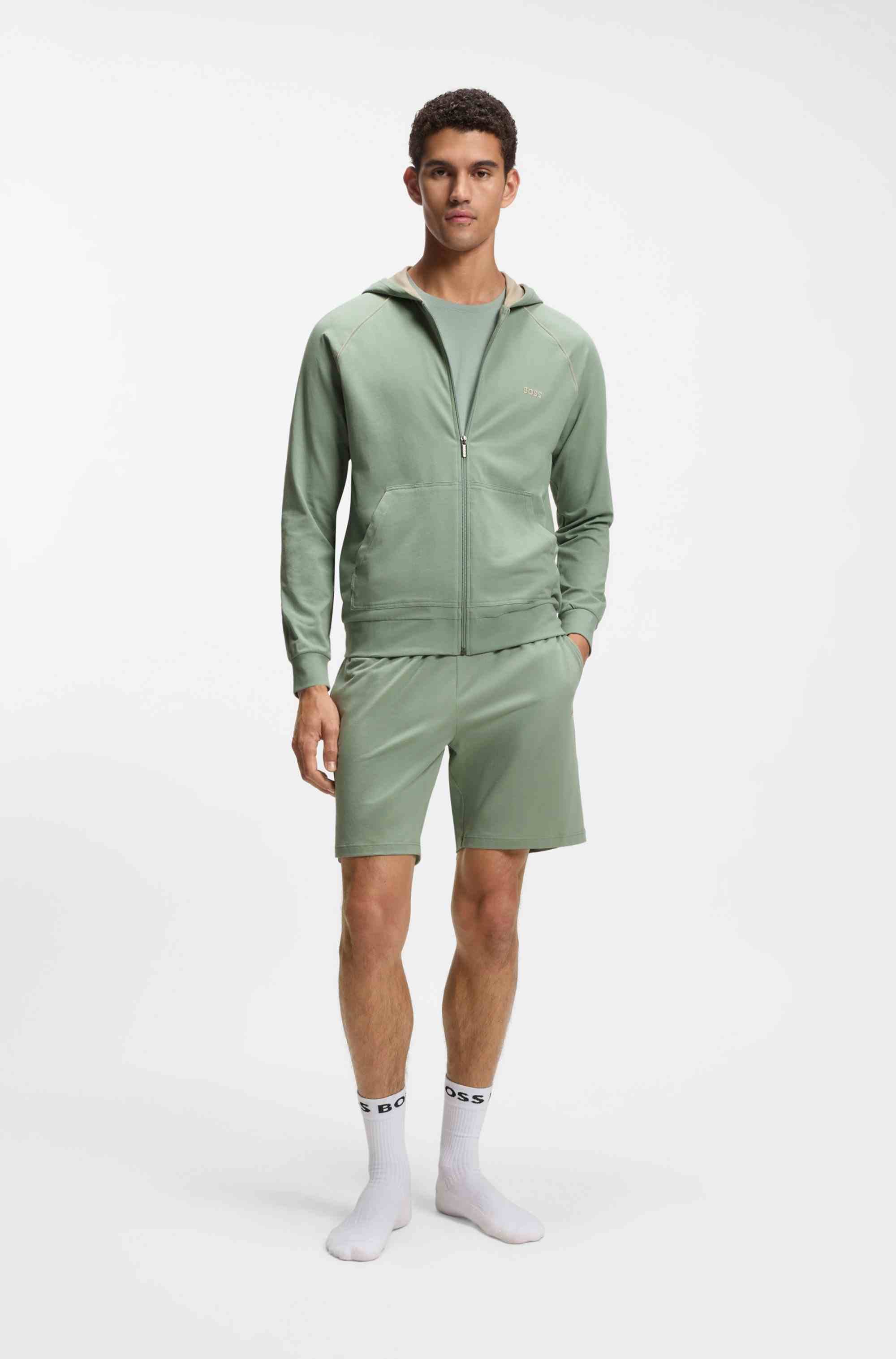 Zip-up hoodie in stretch cotton with embroidered logo