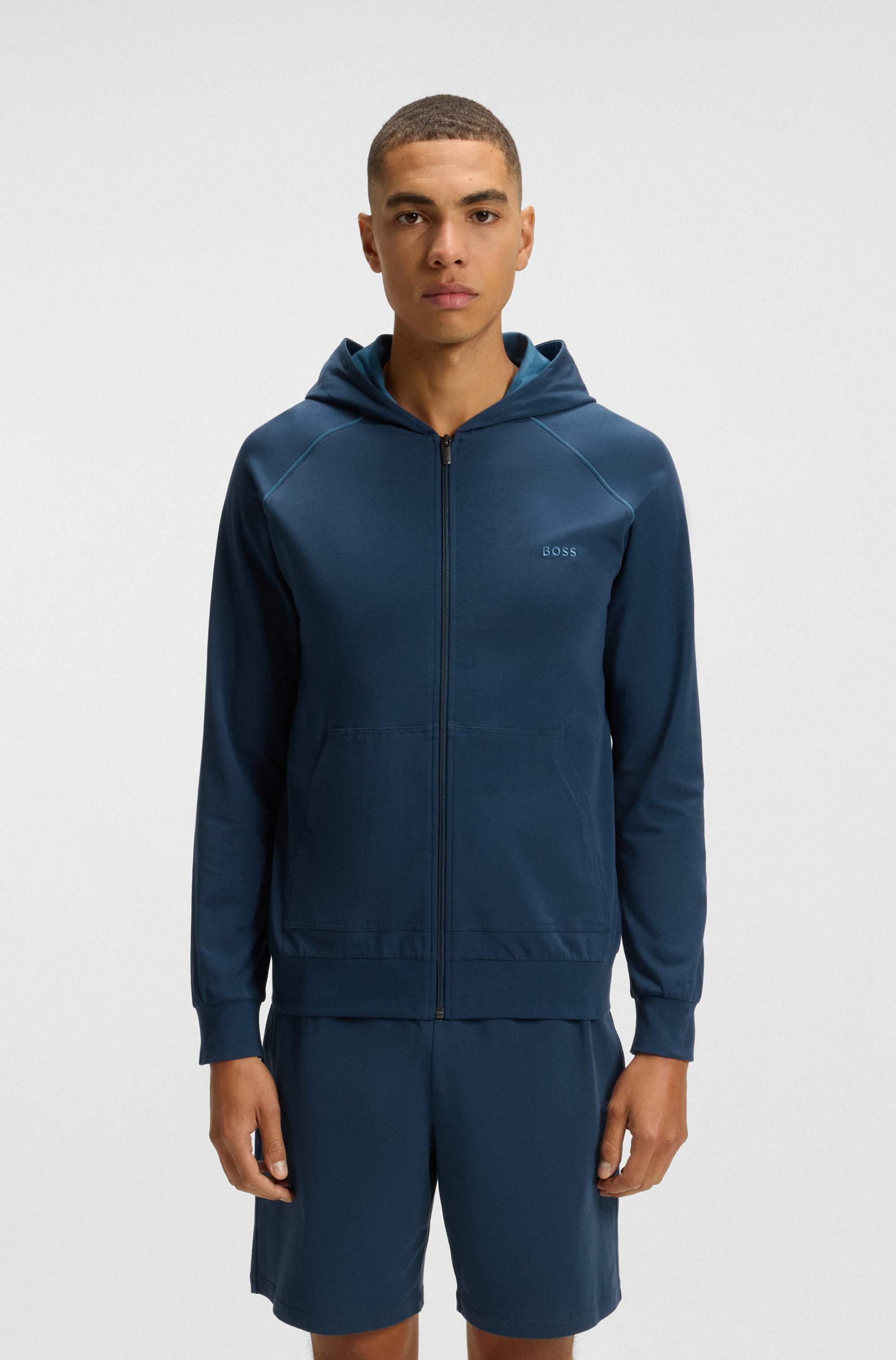 Zip-up hoodie in stretch cotton with embroidered logo