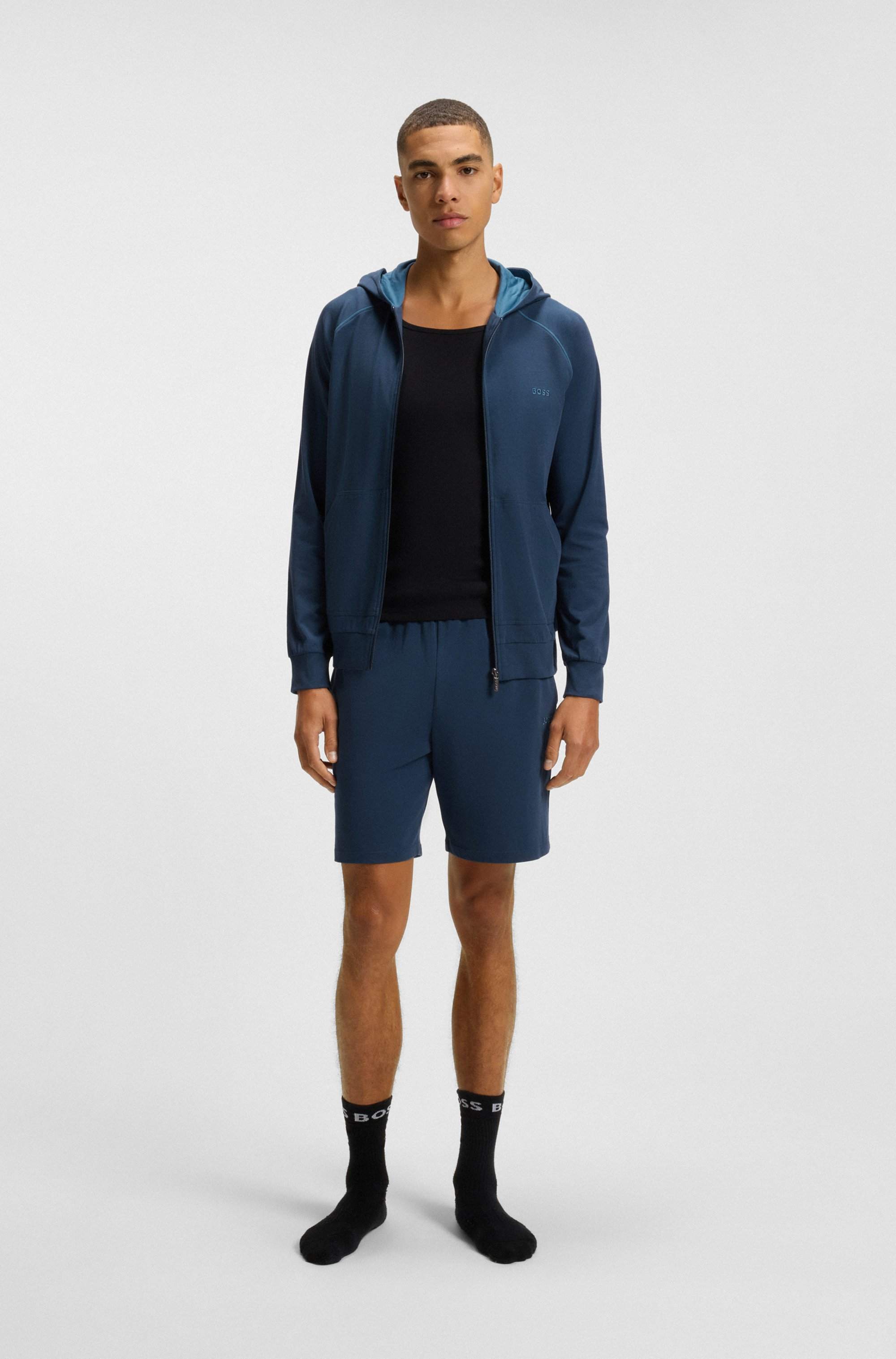 Zip-up hoodie in stretch cotton with embroidered logo