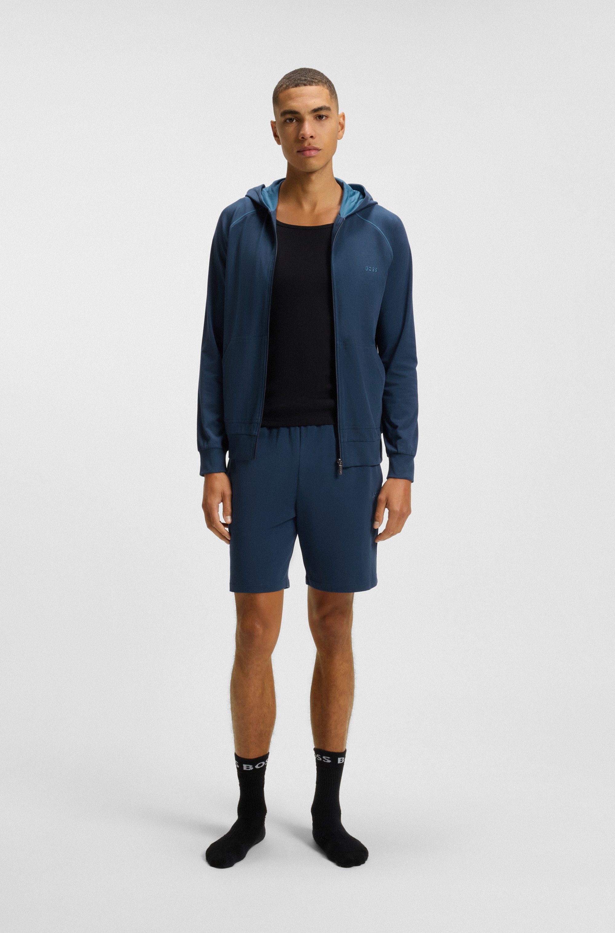 Zip-up hoodie in stretch cotton with embroidered logo