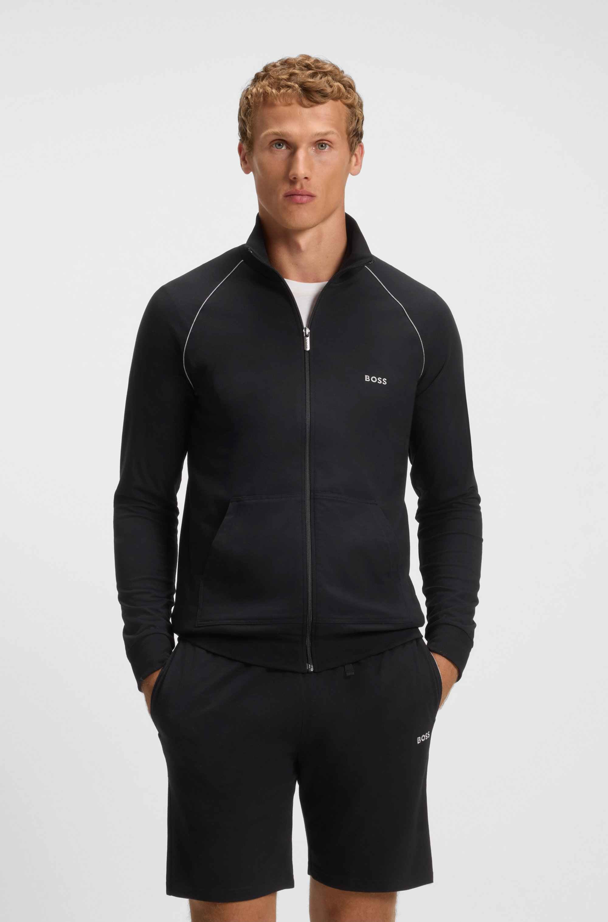 Zip-up jacket in stretch cotton with embroidered logo
