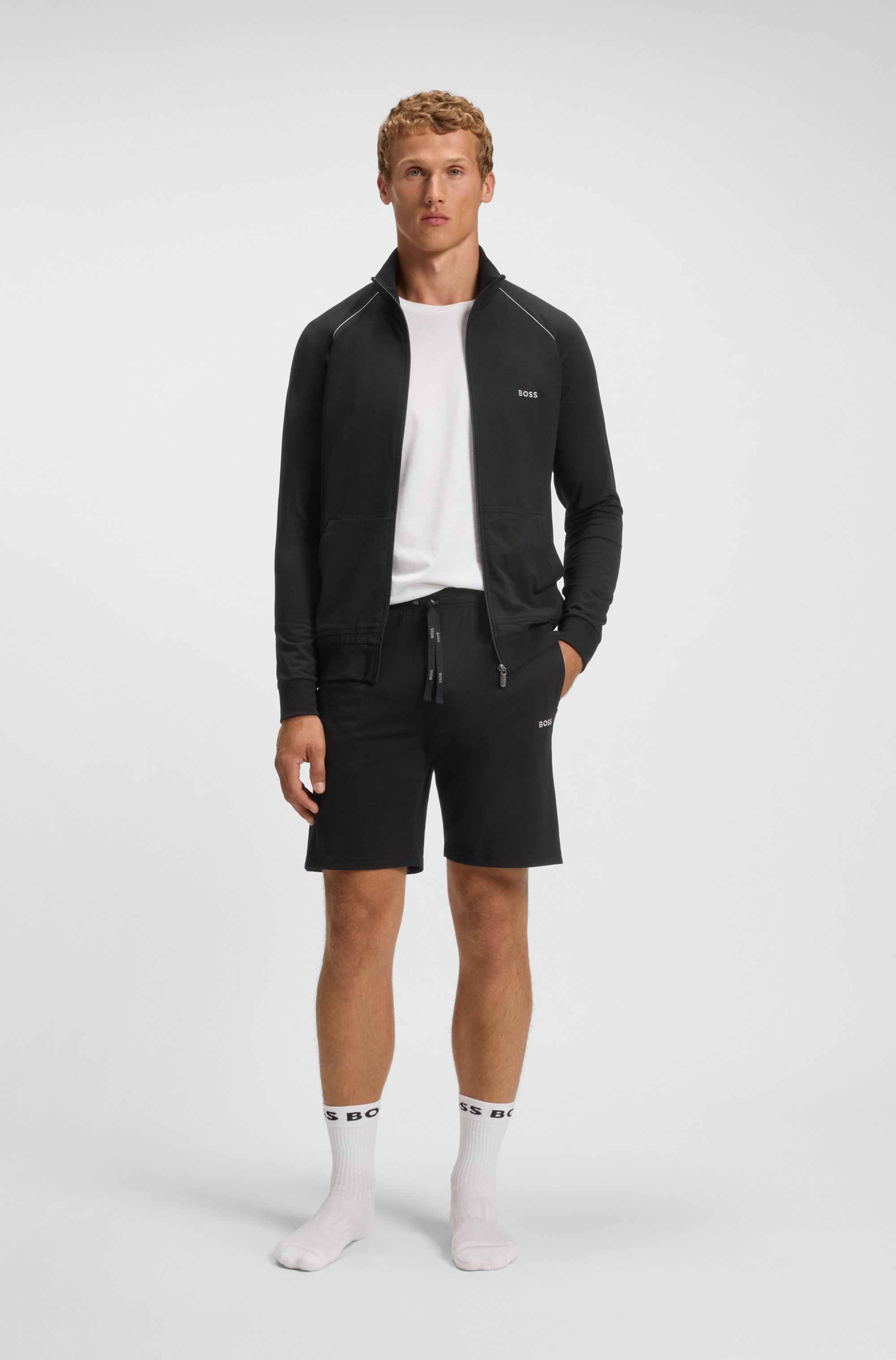 Zip-up jacket in stretch cotton with embroidered logo