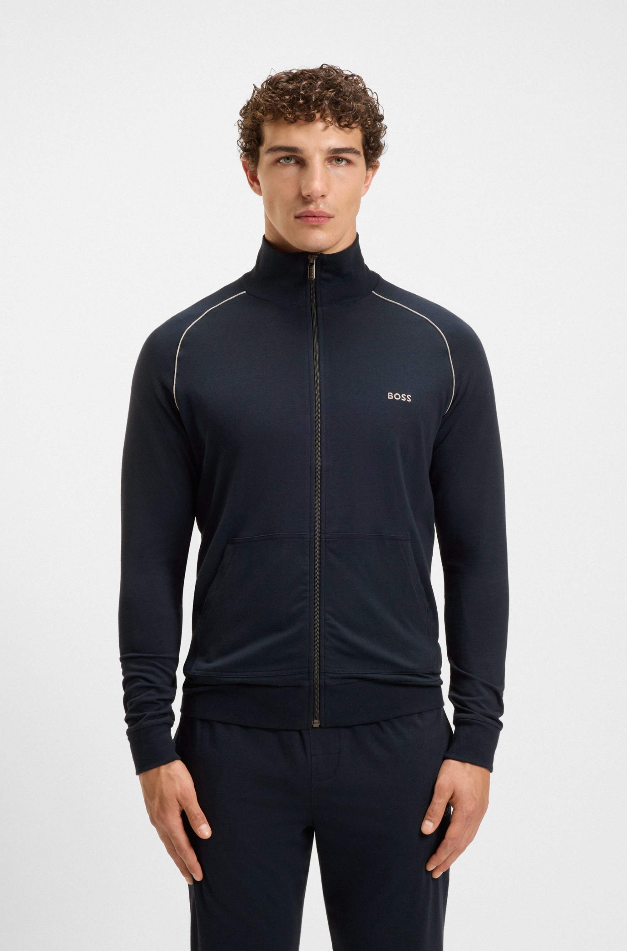 Zip-up jacket in stretch cotton with embroidered logo