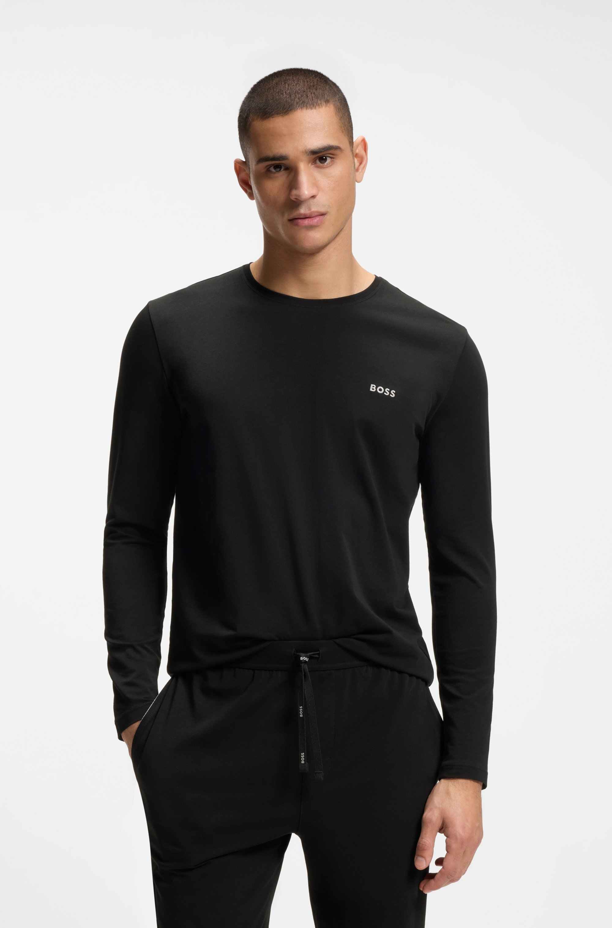 Long-sleeved top in stretch cotton with embroidered logo