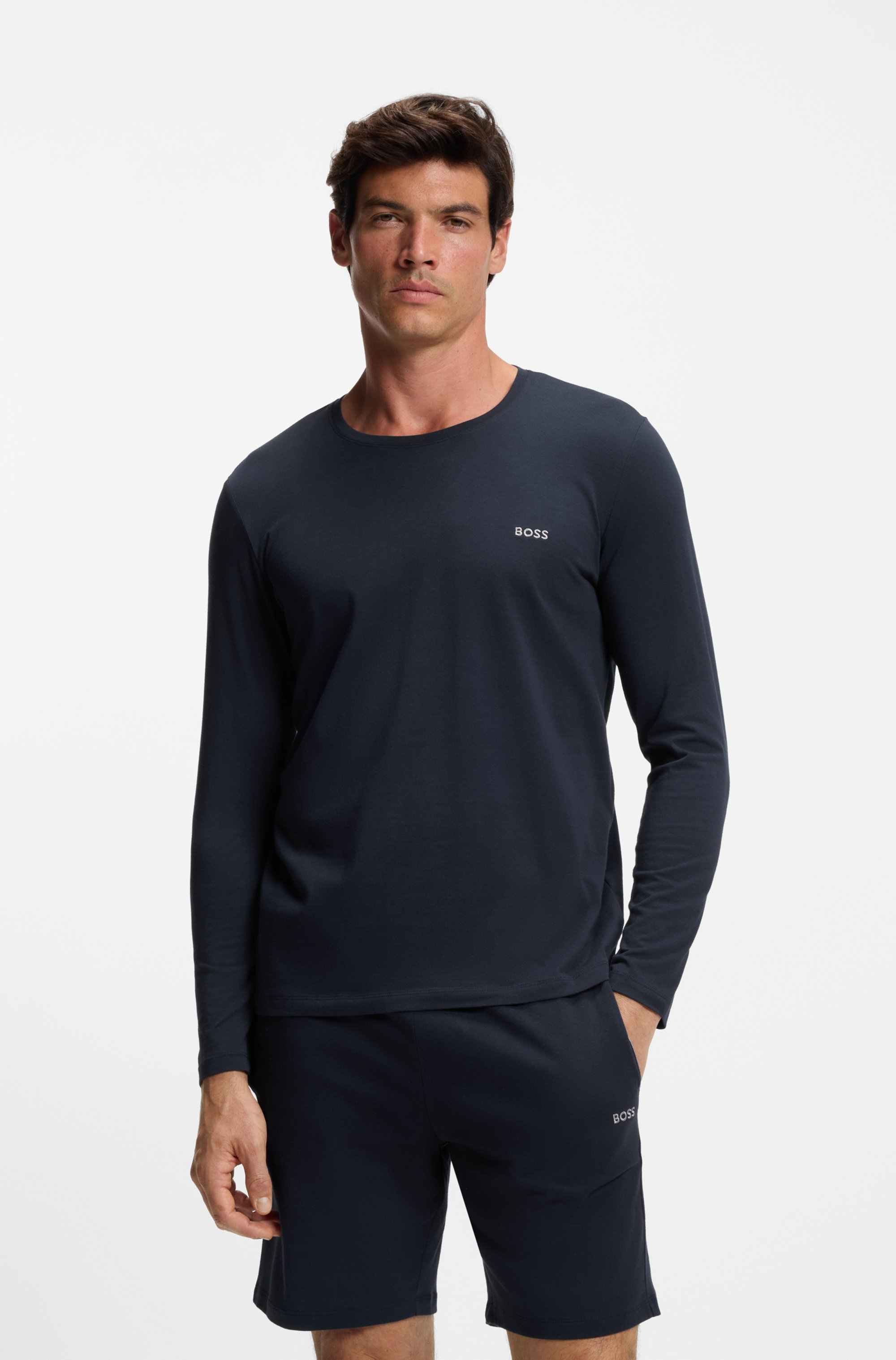 Long-sleeved T-shirt in stretch cotton with embroidered logo