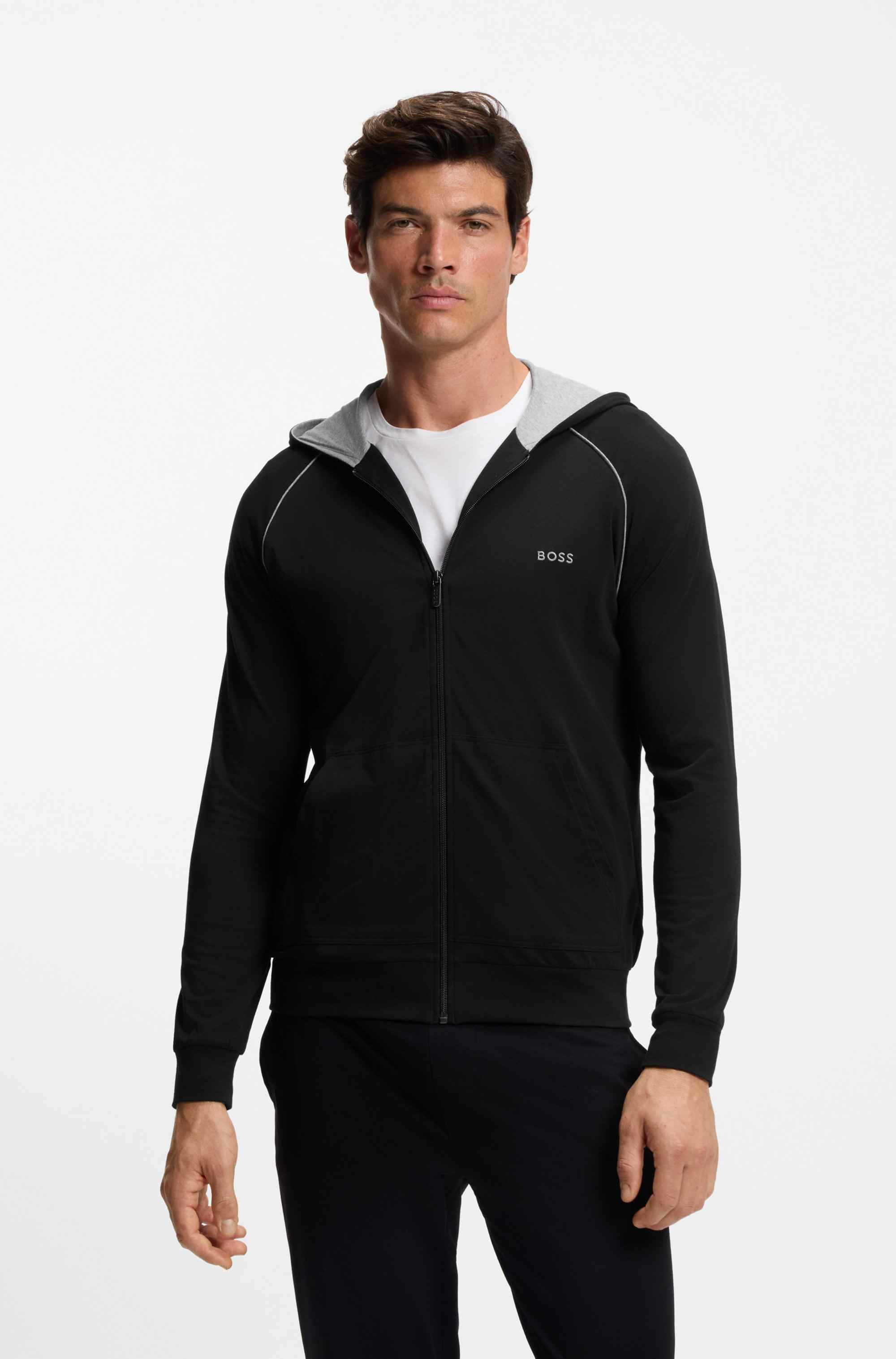 Zip-up hoodie in stretch cotton with contrast piping