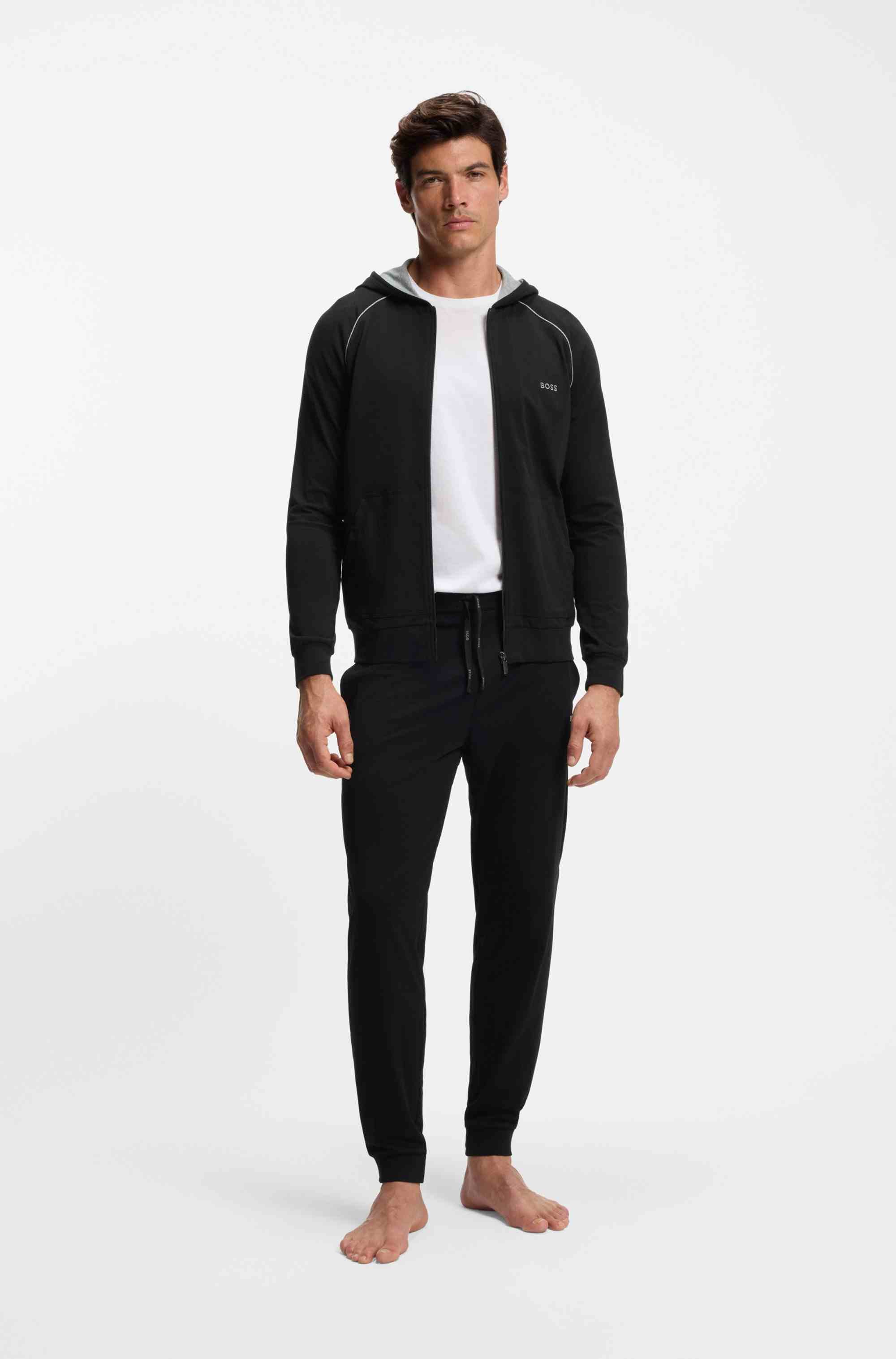 Zip-up hoodie in stretch cotton with embroidered logo