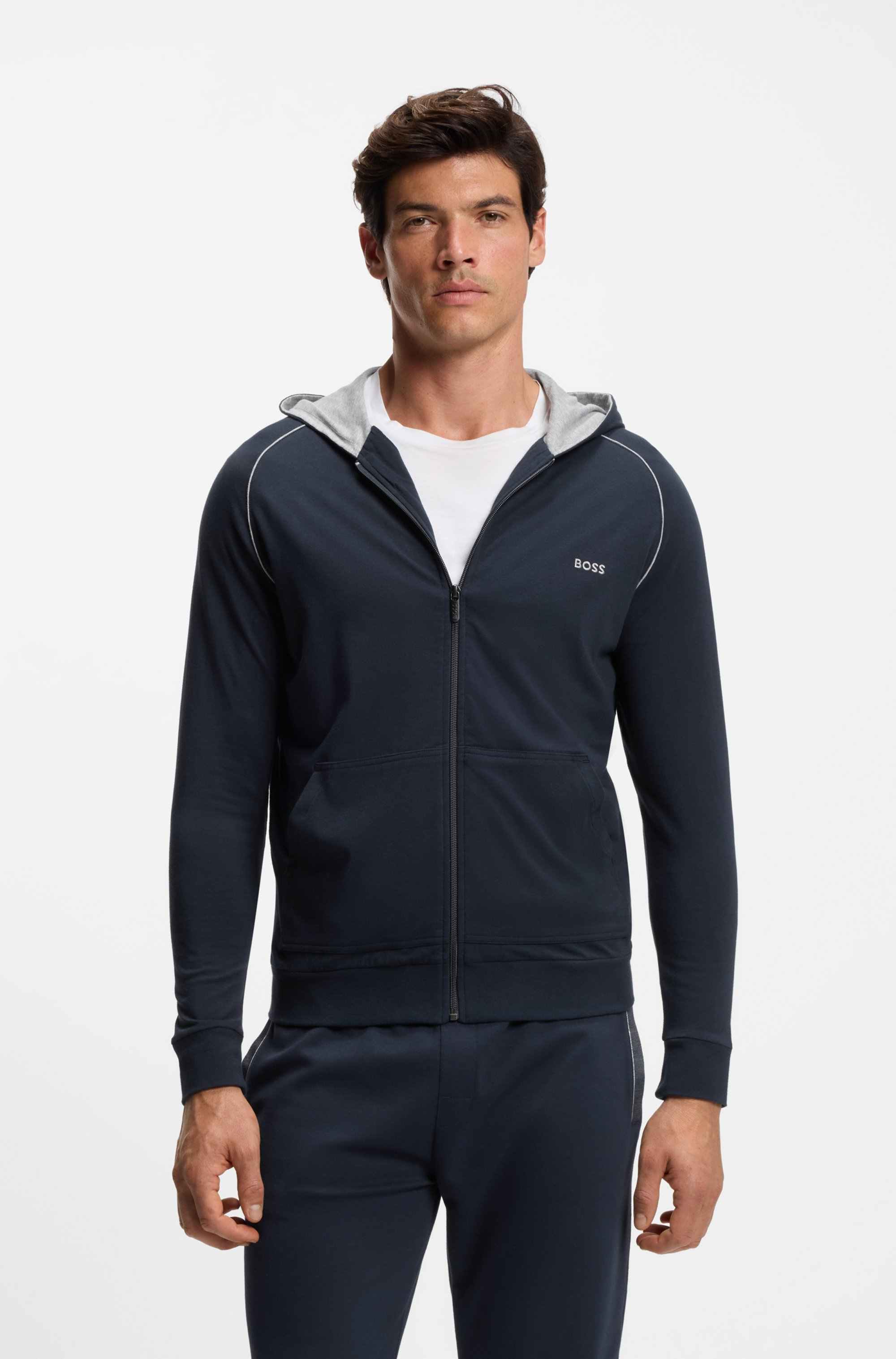 Zip-up hoodie in stretch cotton with embroidered logo