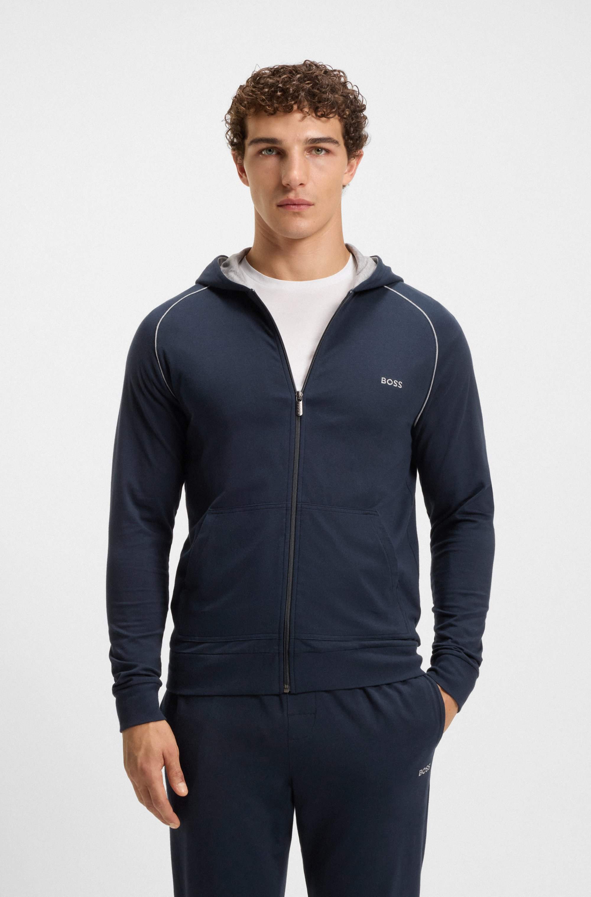 Zip-up hoodie in stretch cotton with embroidered logo