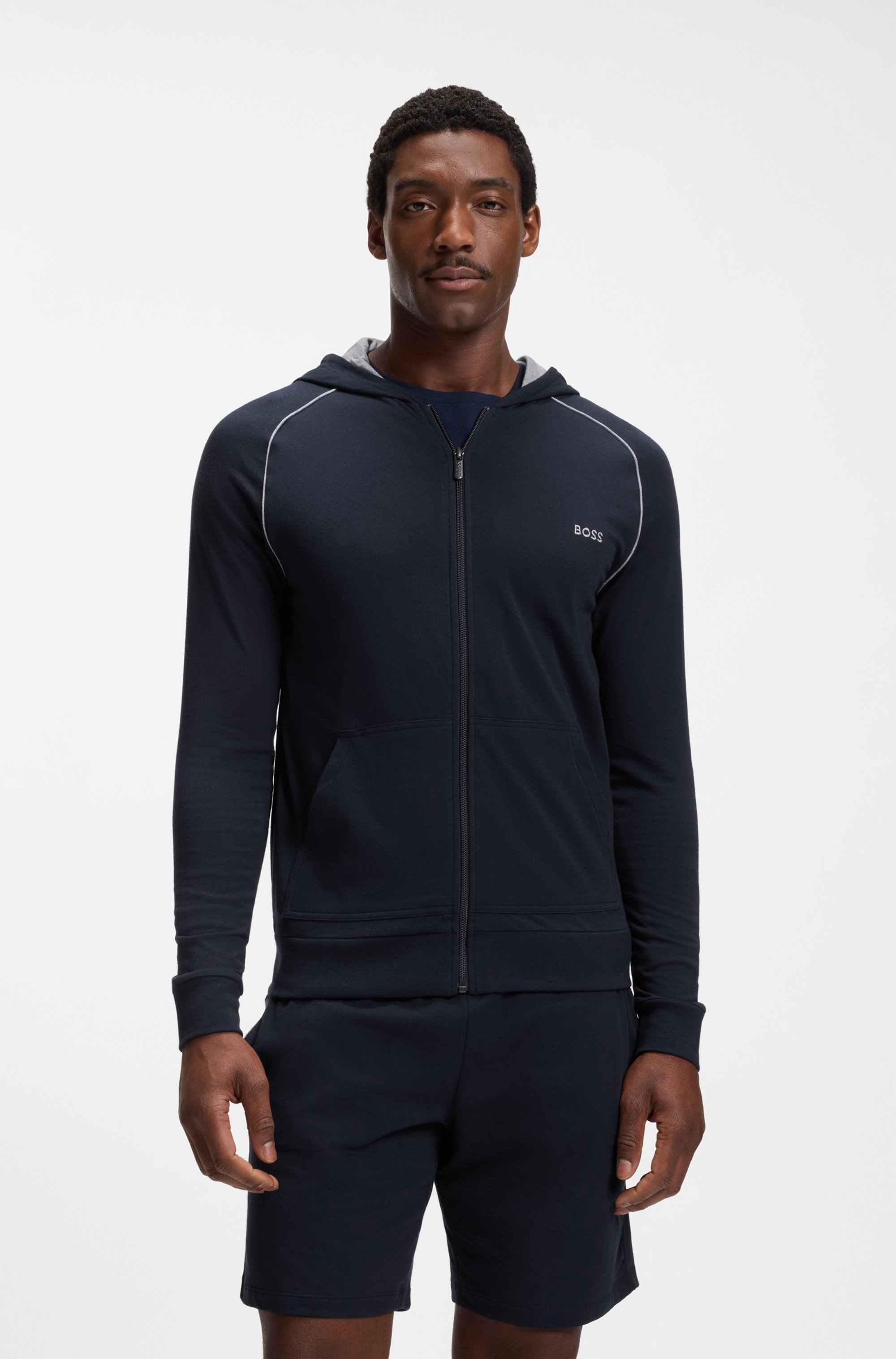 Zip-up hoodie in stretch cotton with contrast piping