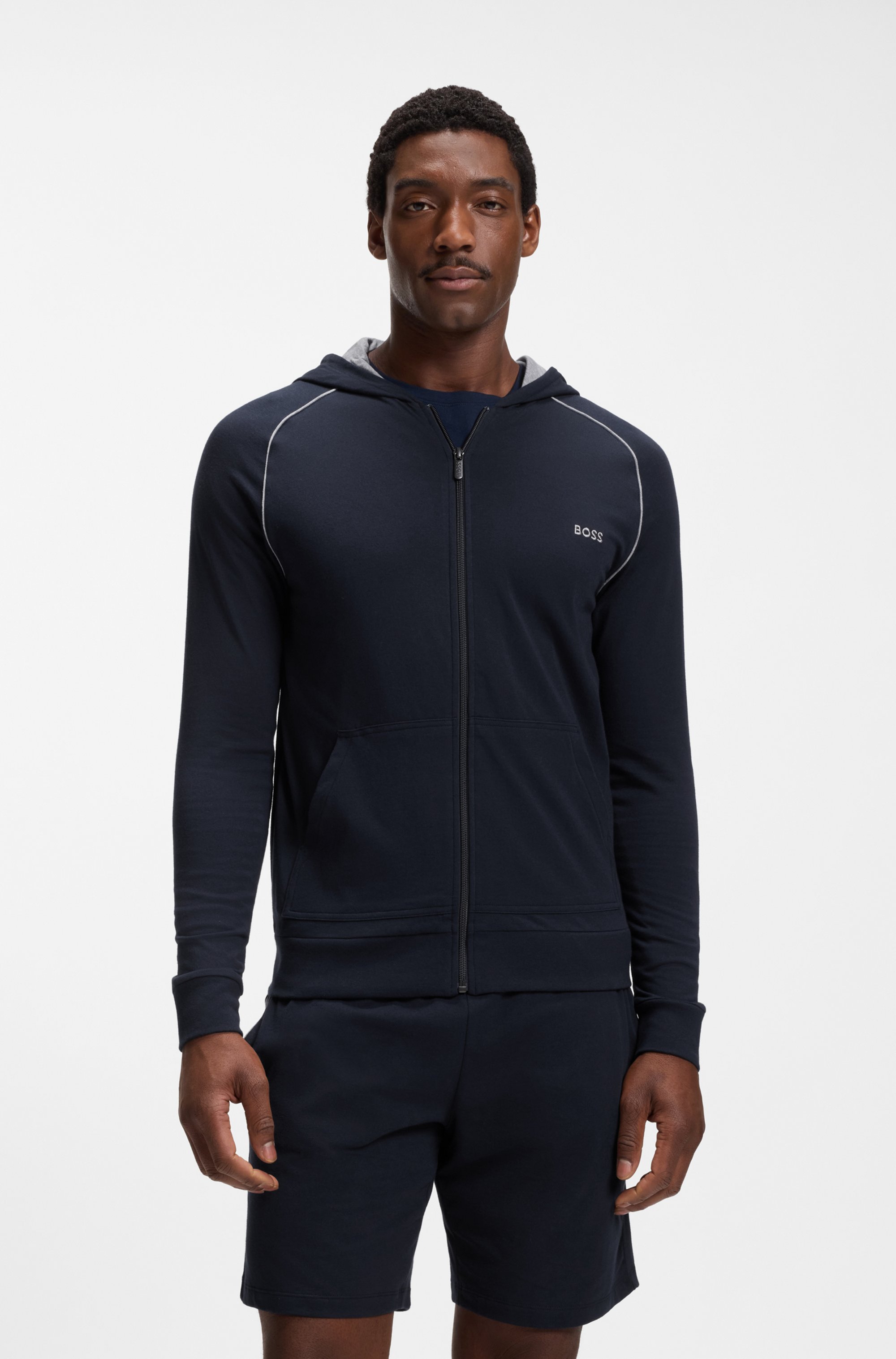 Zip-up hoodie in stretch cotton with contrast piping