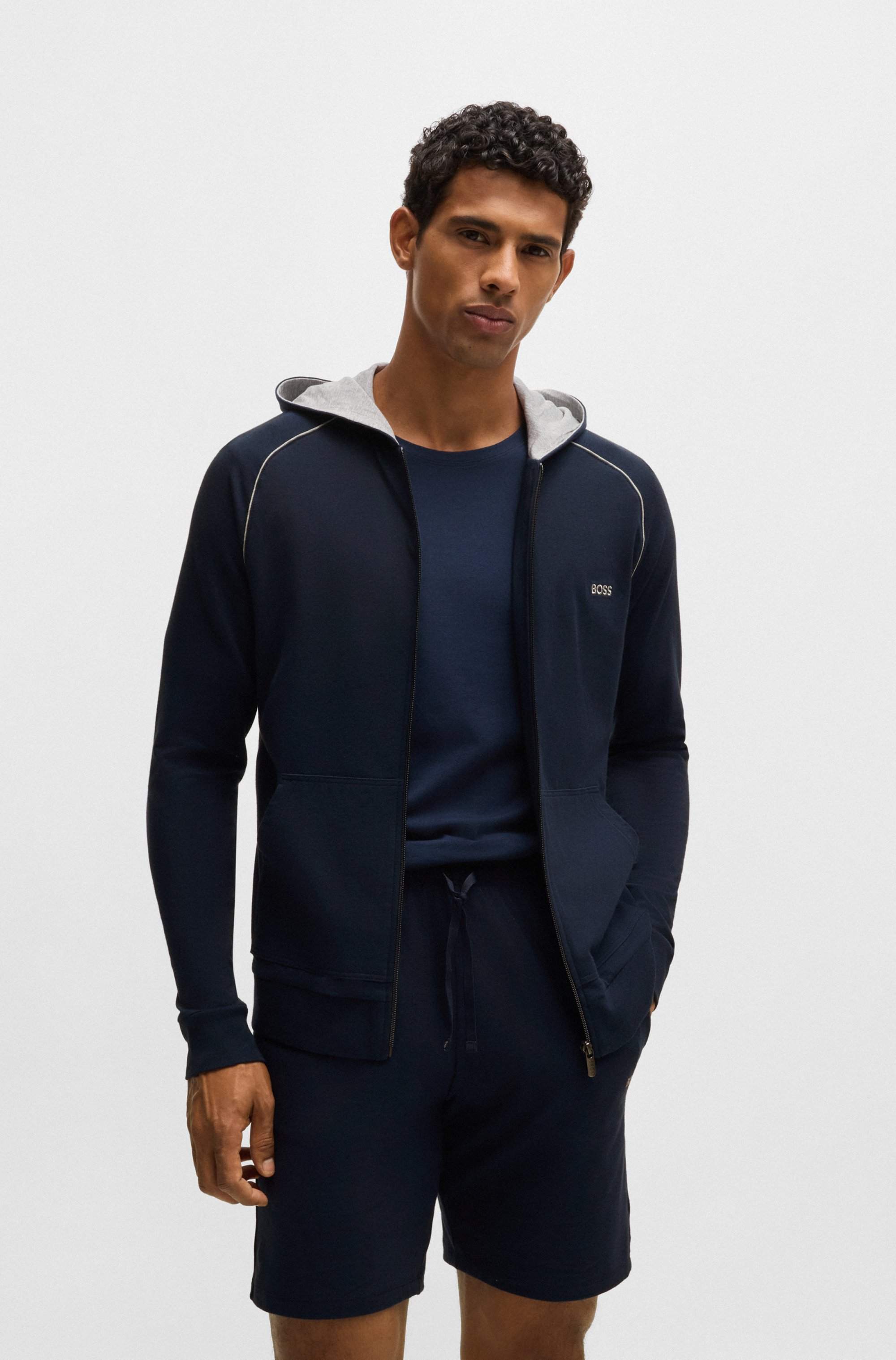 Zip-up hoodie in stretch cotton with embroidered logo