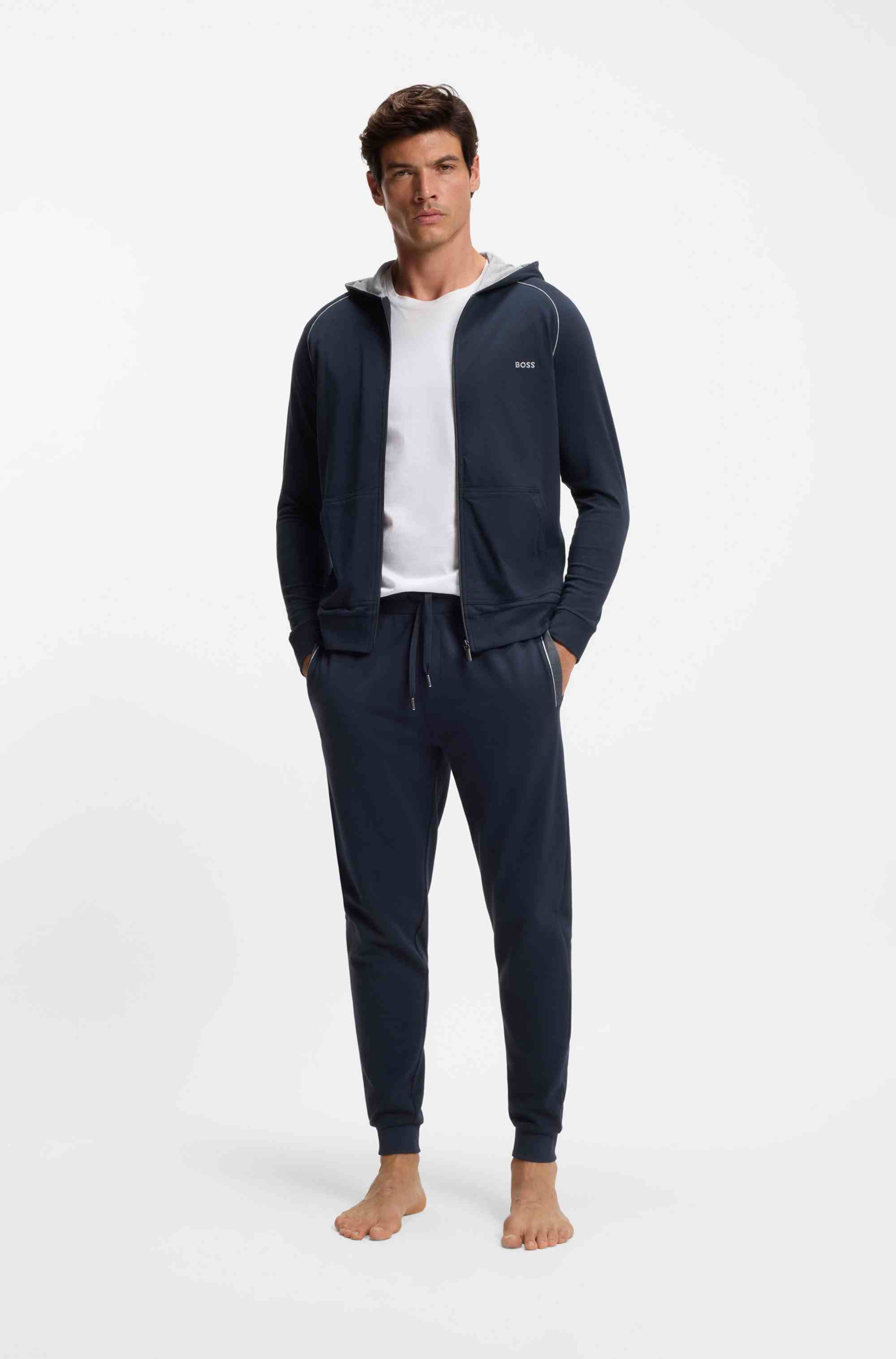 Zip-up hoodie in stretch cotton with embroidered logo