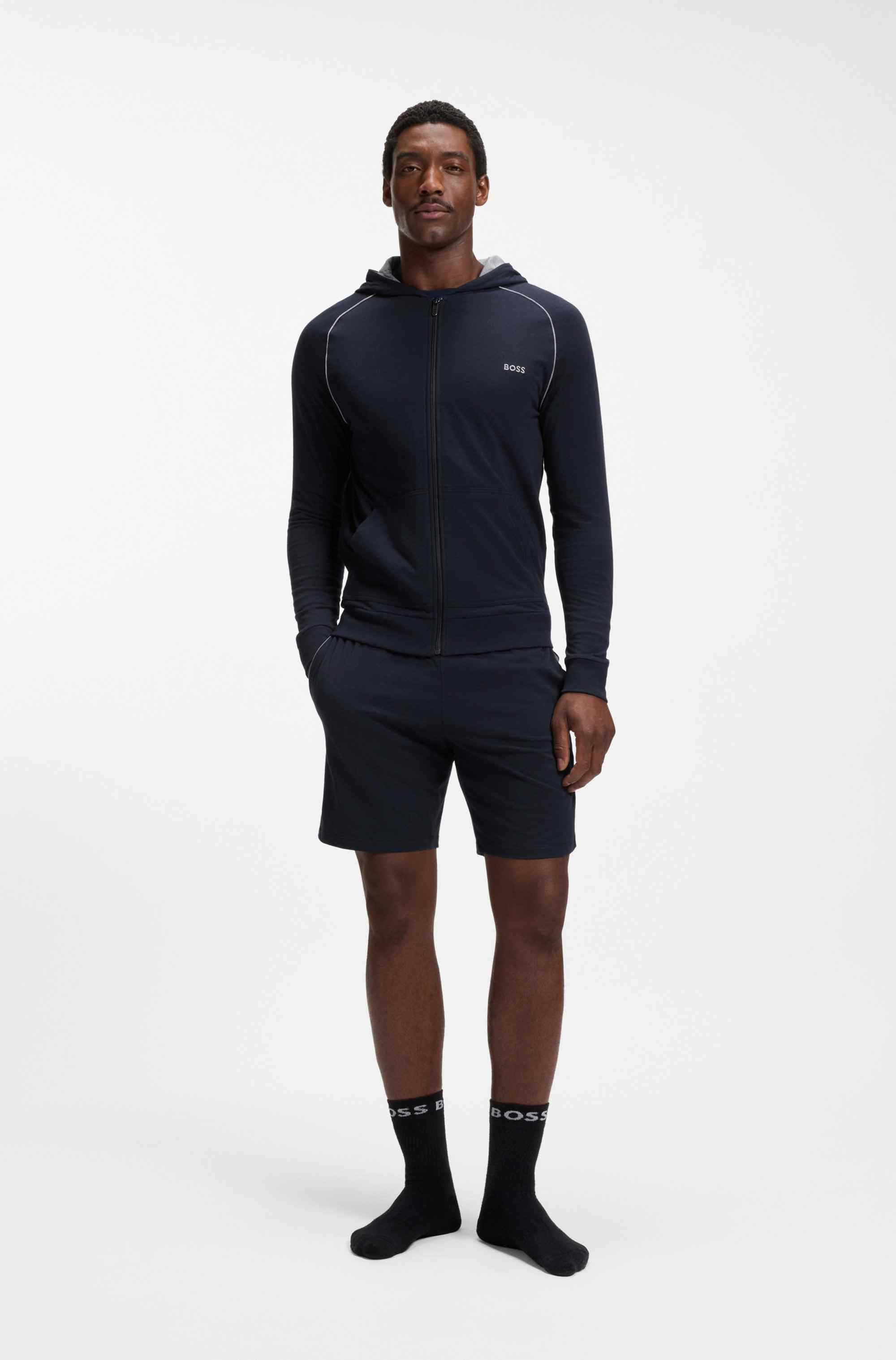 Zip-up hoodie in stretch cotton with contrast piping