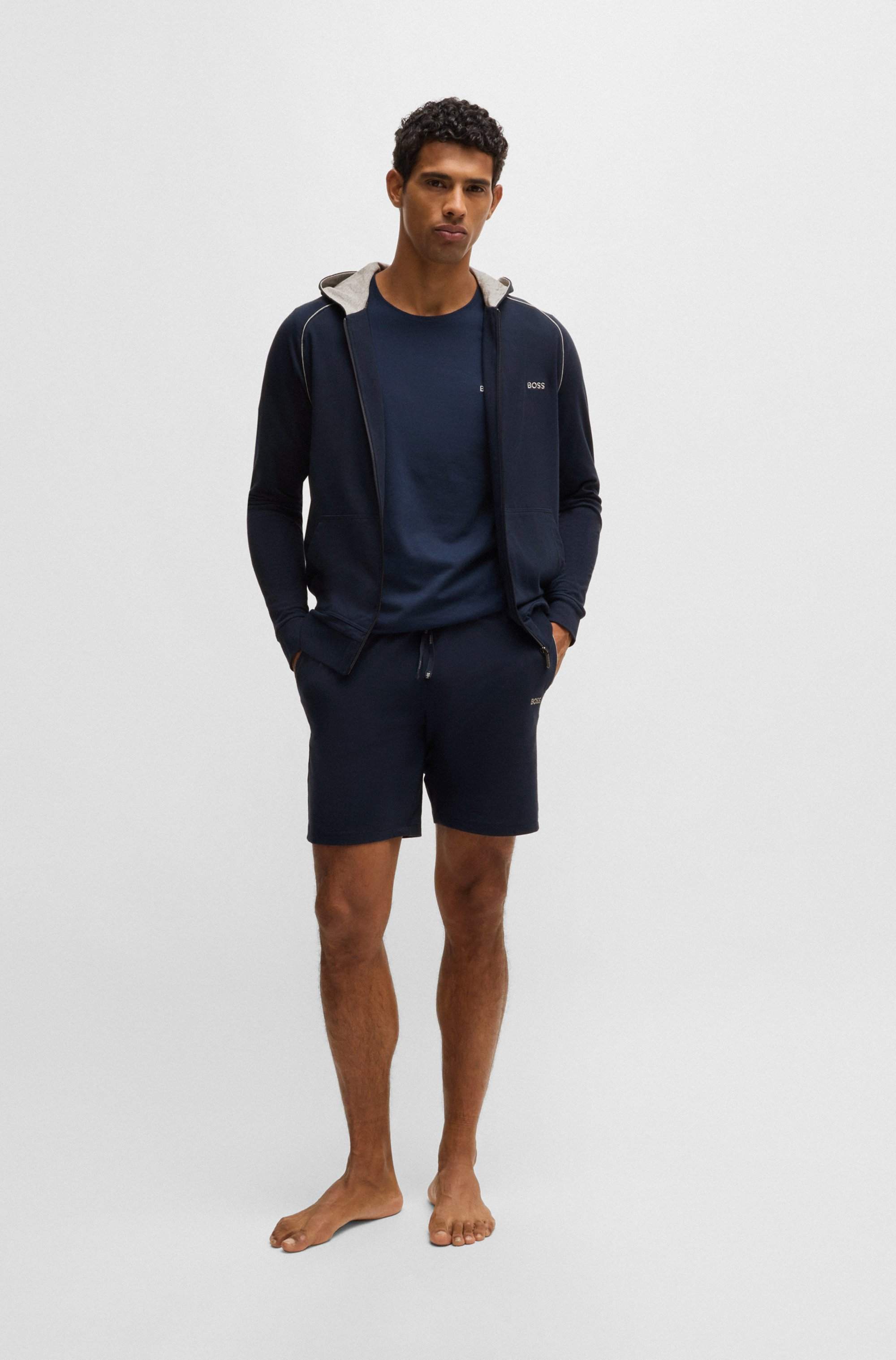 Zip-up hoodie in stretch cotton with embroidered logo