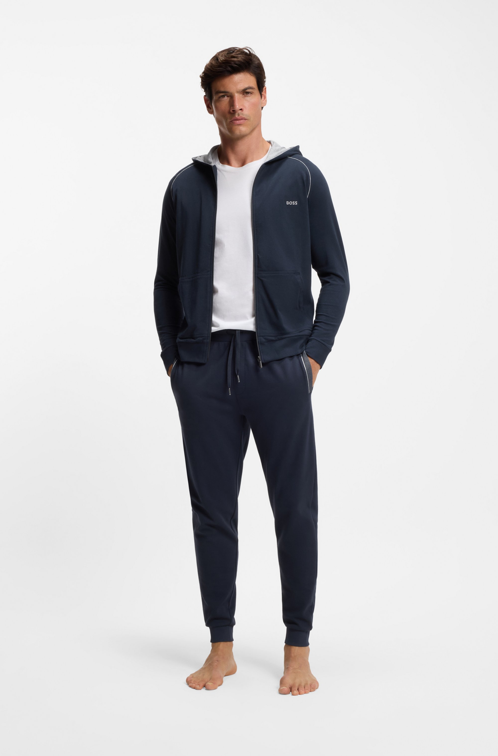 Zip-up hoodie in stretch cotton with contrast piping