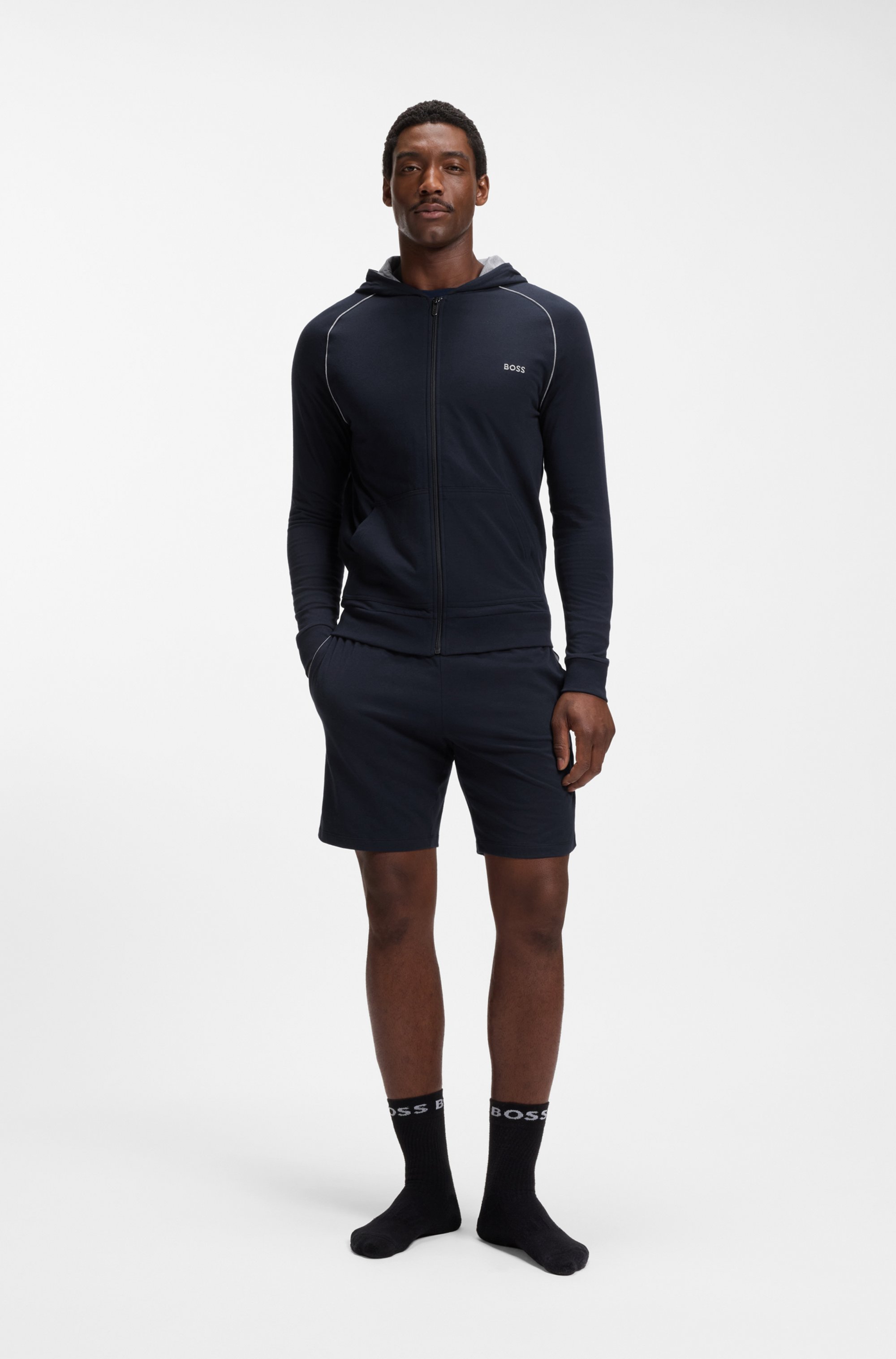 Zip-up hoodie in stretch cotton with contrast piping