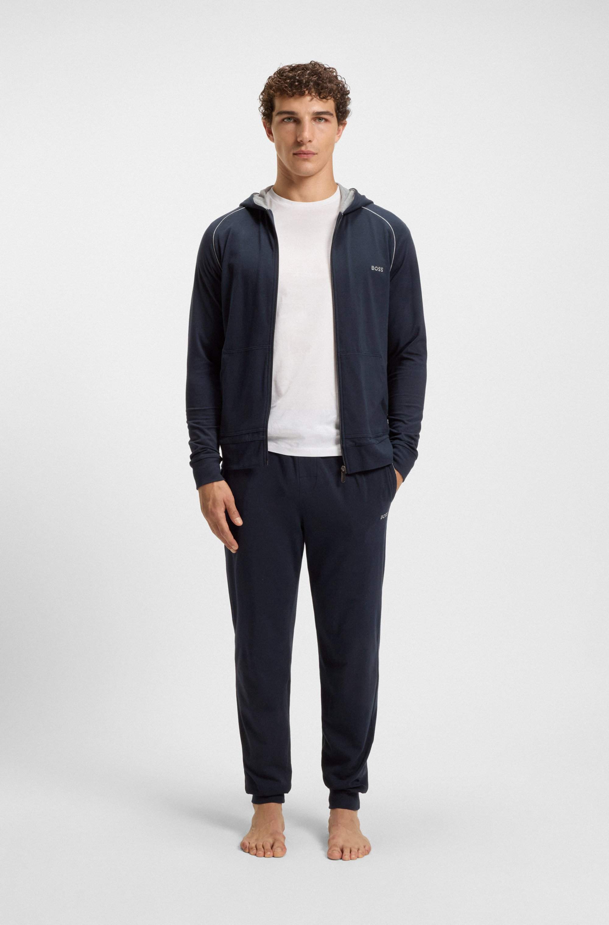 Zip-up hoodie in stretch cotton with embroidered logo