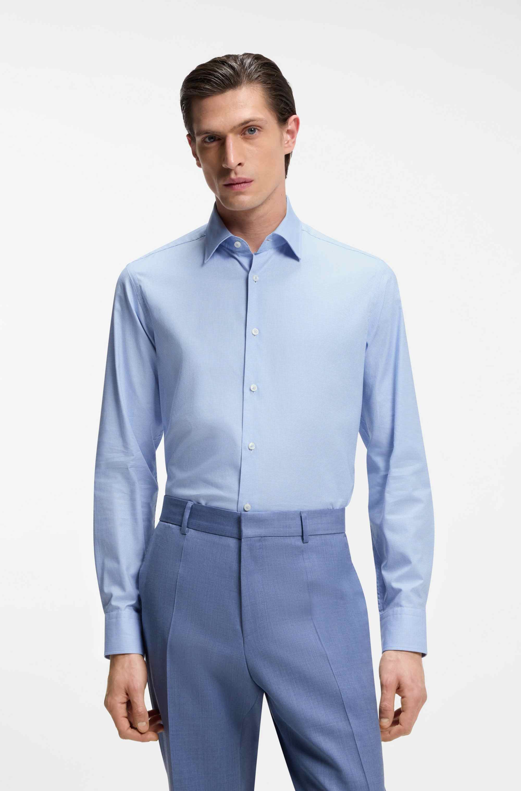 Regular-fit shirt in easy-iron pepita stretch cotton