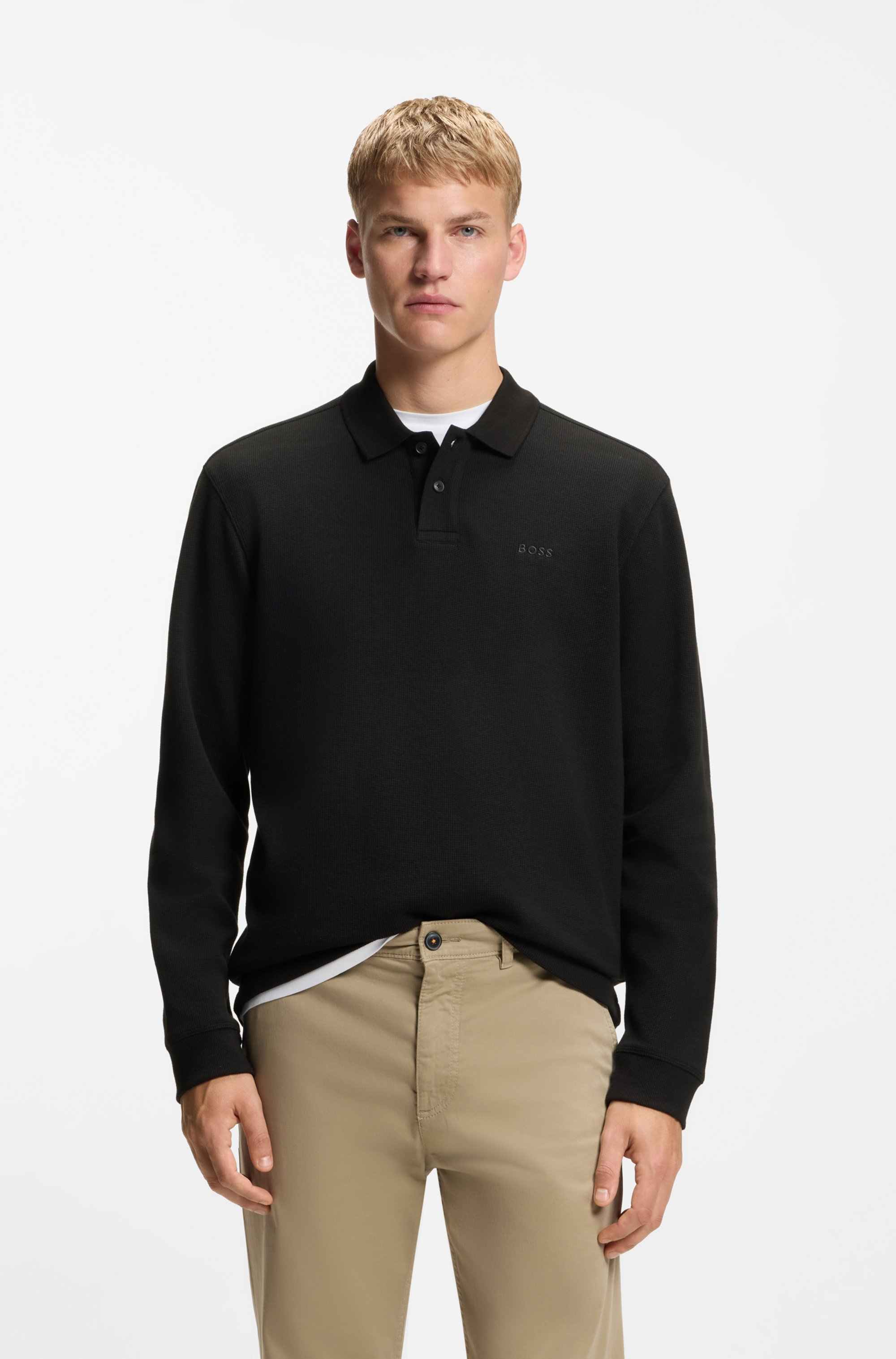 Cotton-blend polo shirt with waffle structure