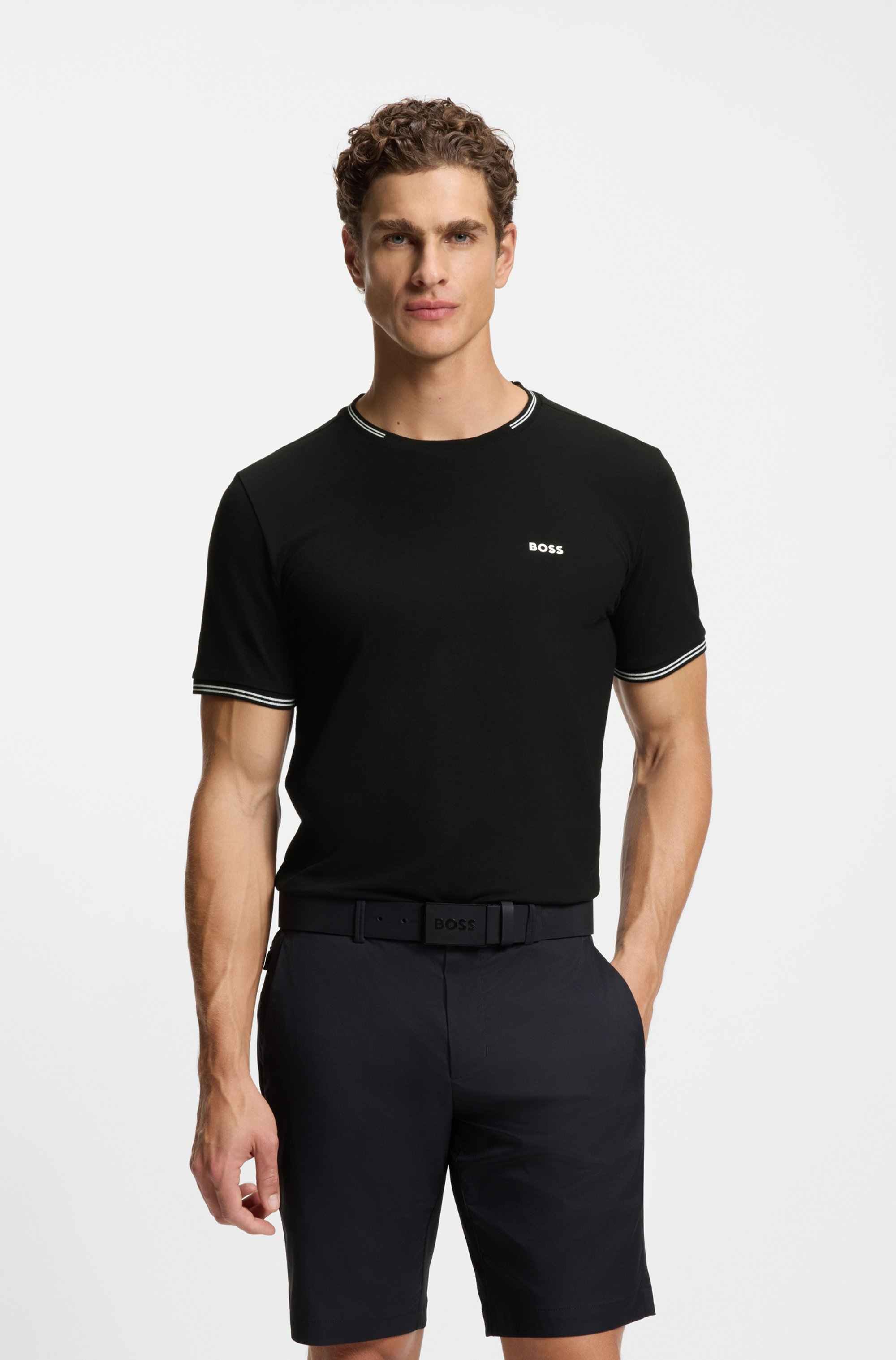 Stretch-cotton T-shirt with stripes and logo