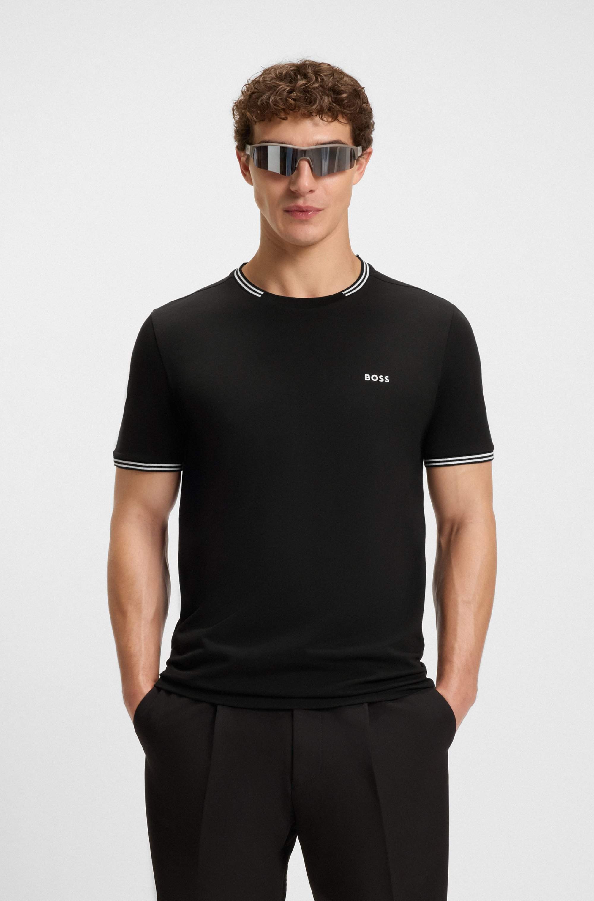 Stretch-cotton T-shirt with stripes and logo