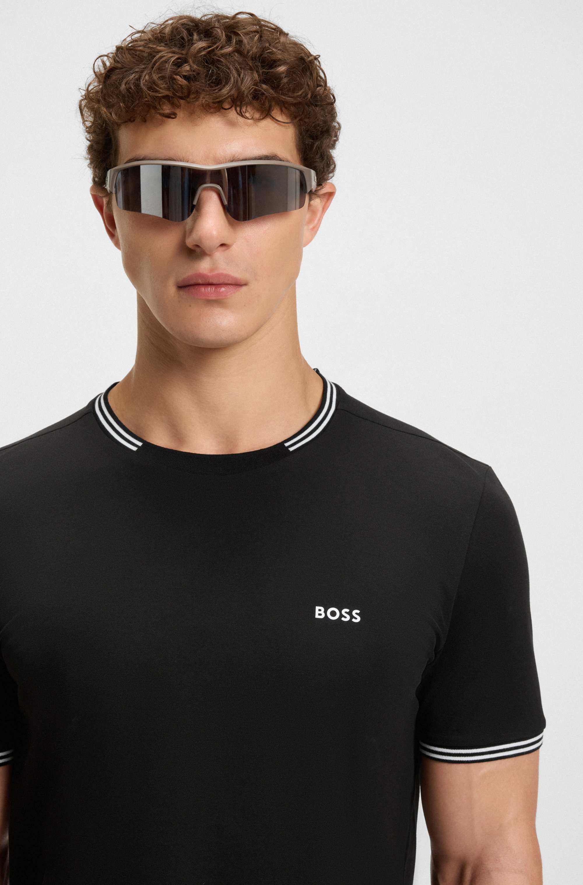 Stretch-cotton T-shirt with stripes and logo