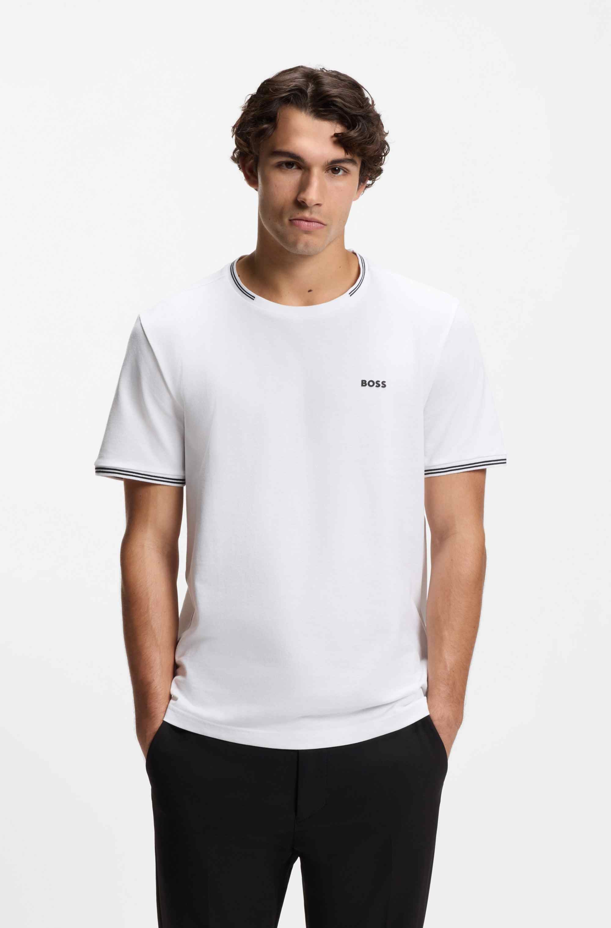 Stretch-cotton T-shirt with stripes and logo