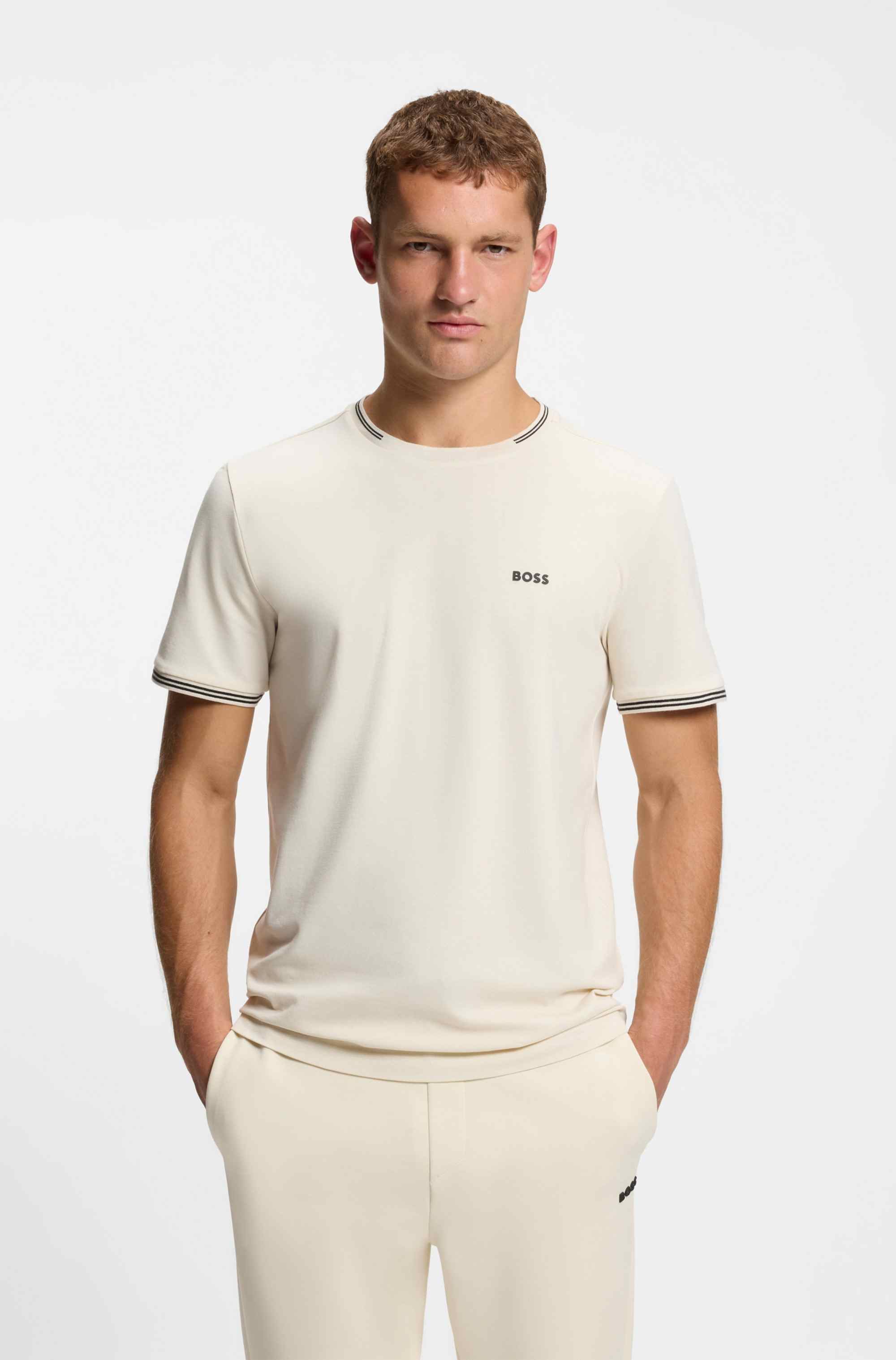 Stretch-cotton T-shirt with stripes and logo