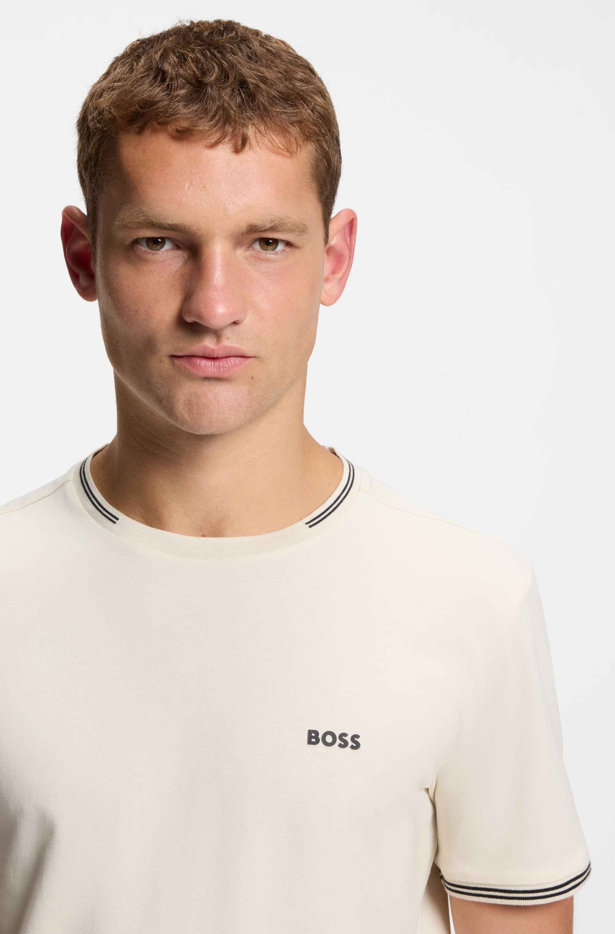 Stretch-cotton T-shirt with stripes and logo