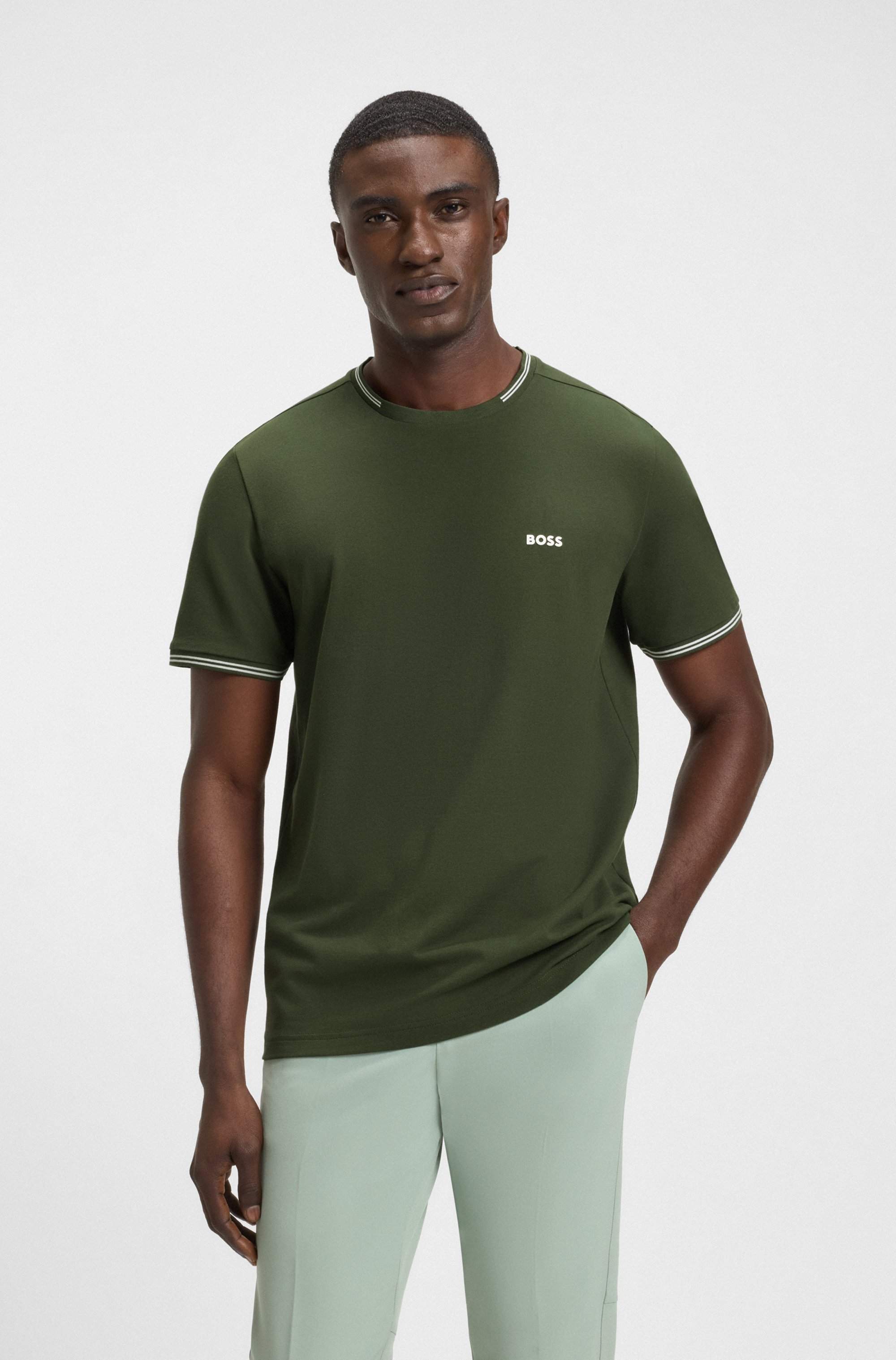 Stretch-cotton T-shirt with stripes and logo