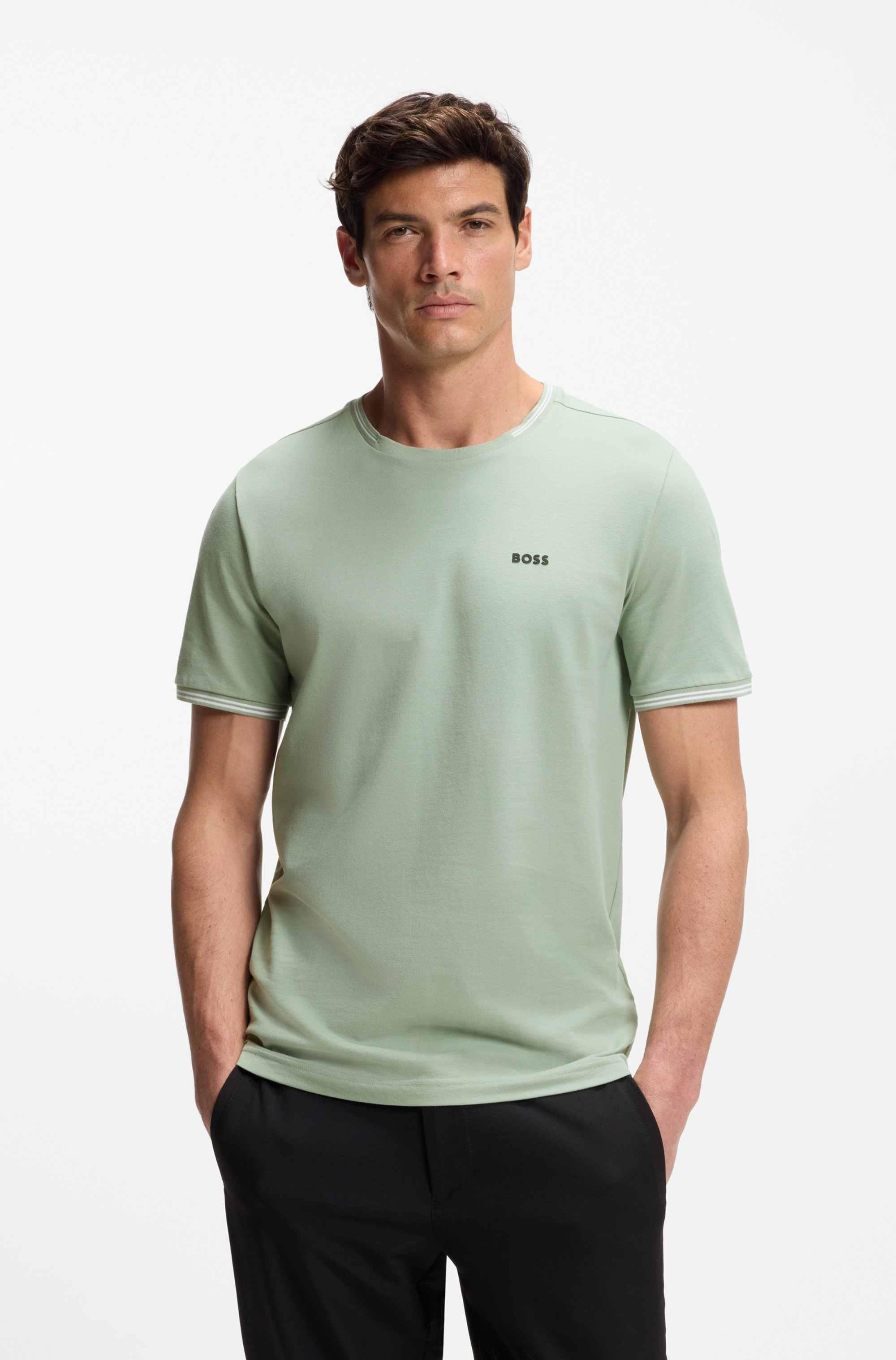 Stretch-cotton T-shirt with stripes and logo