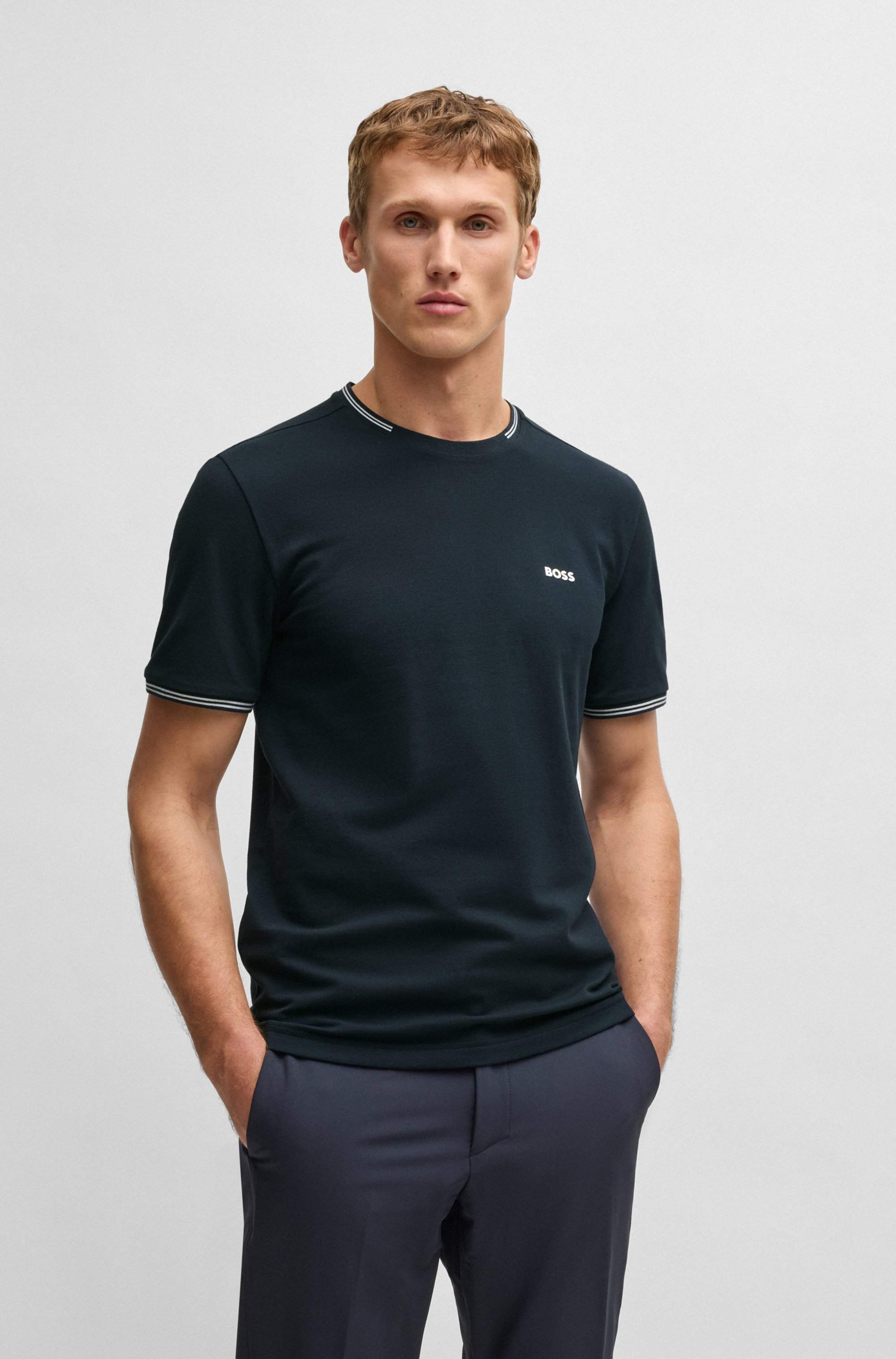 Stretch-cotton T-shirt with stripes and logo