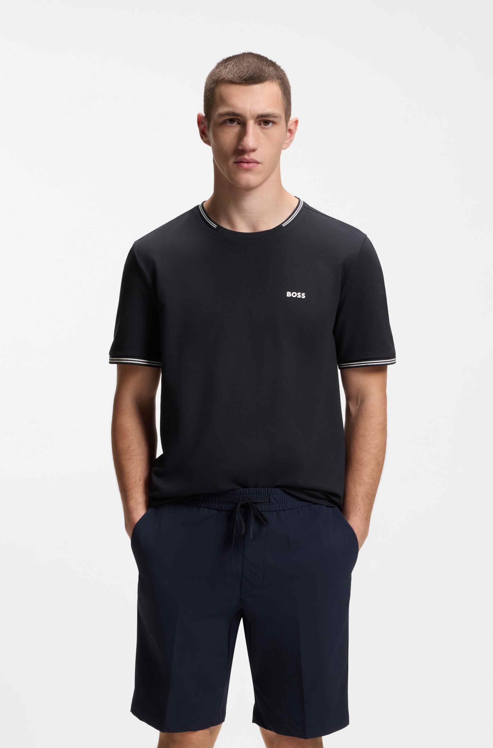 Stretch-cotton T-shirt with stripes and logo