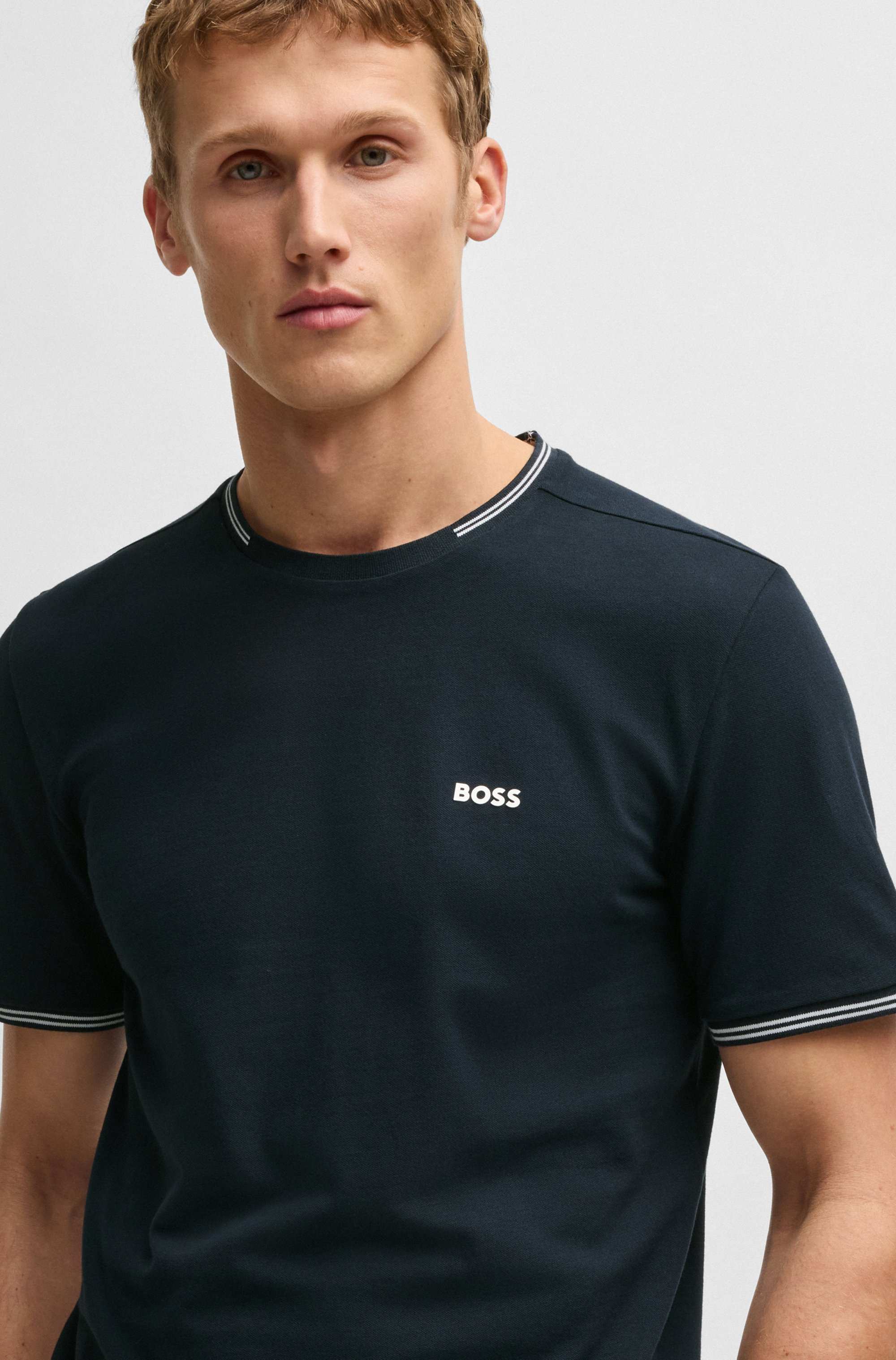 Stretch-cotton T-shirt with stripes and logo