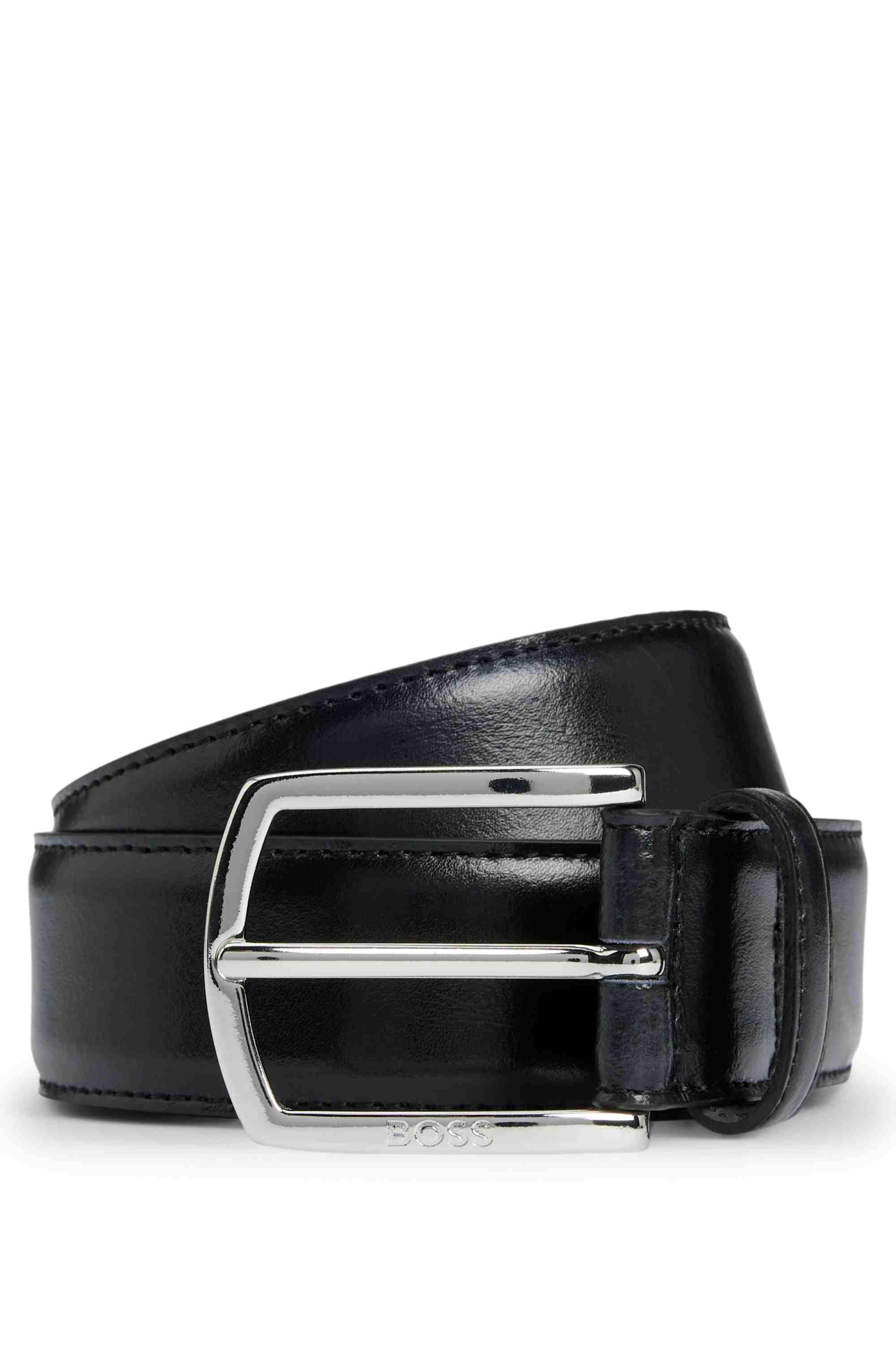 Italian-leather belt with polished logo buckle