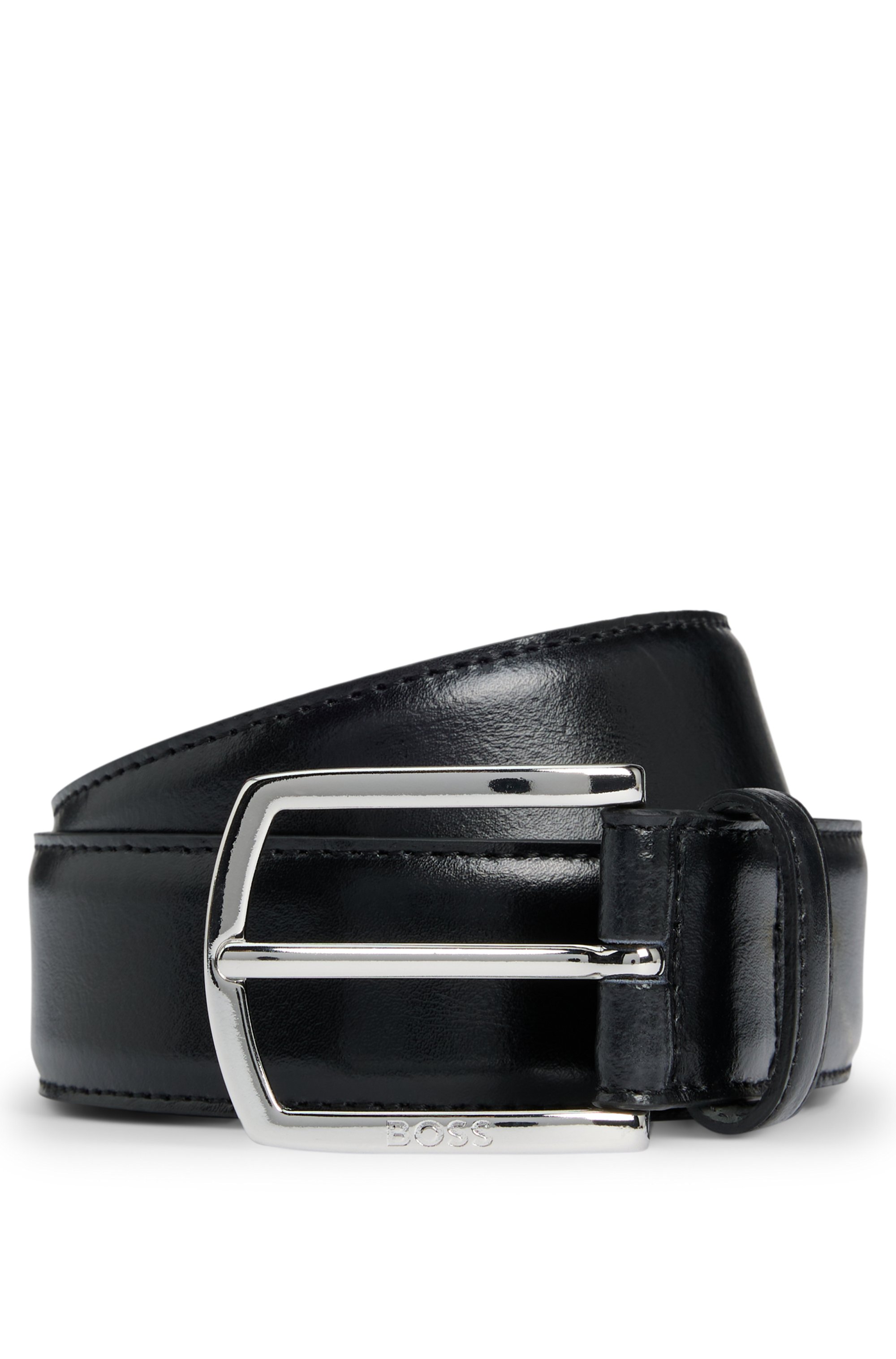 Italian-leather belt with polished logo buckle