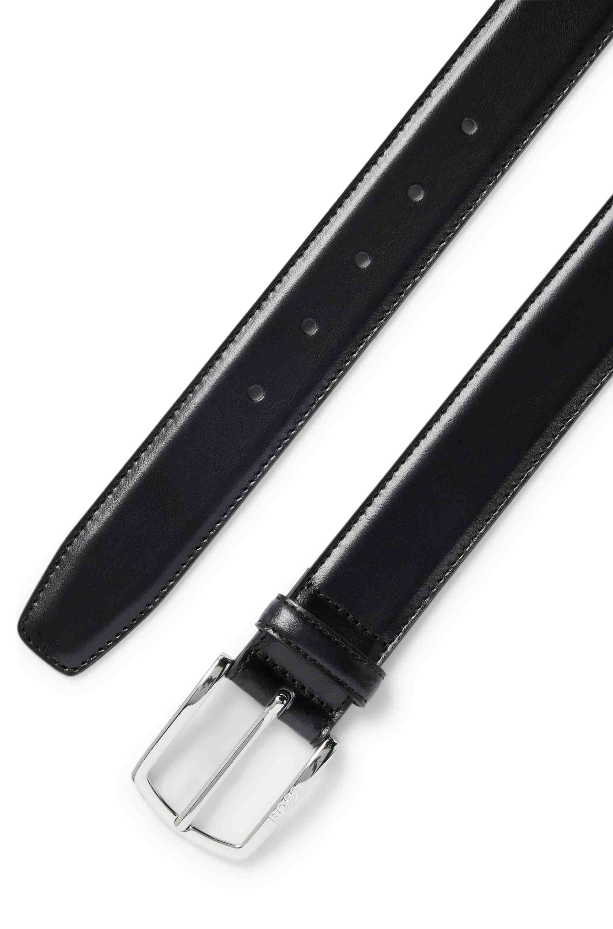 Italian-leather belt with polished logo buckle