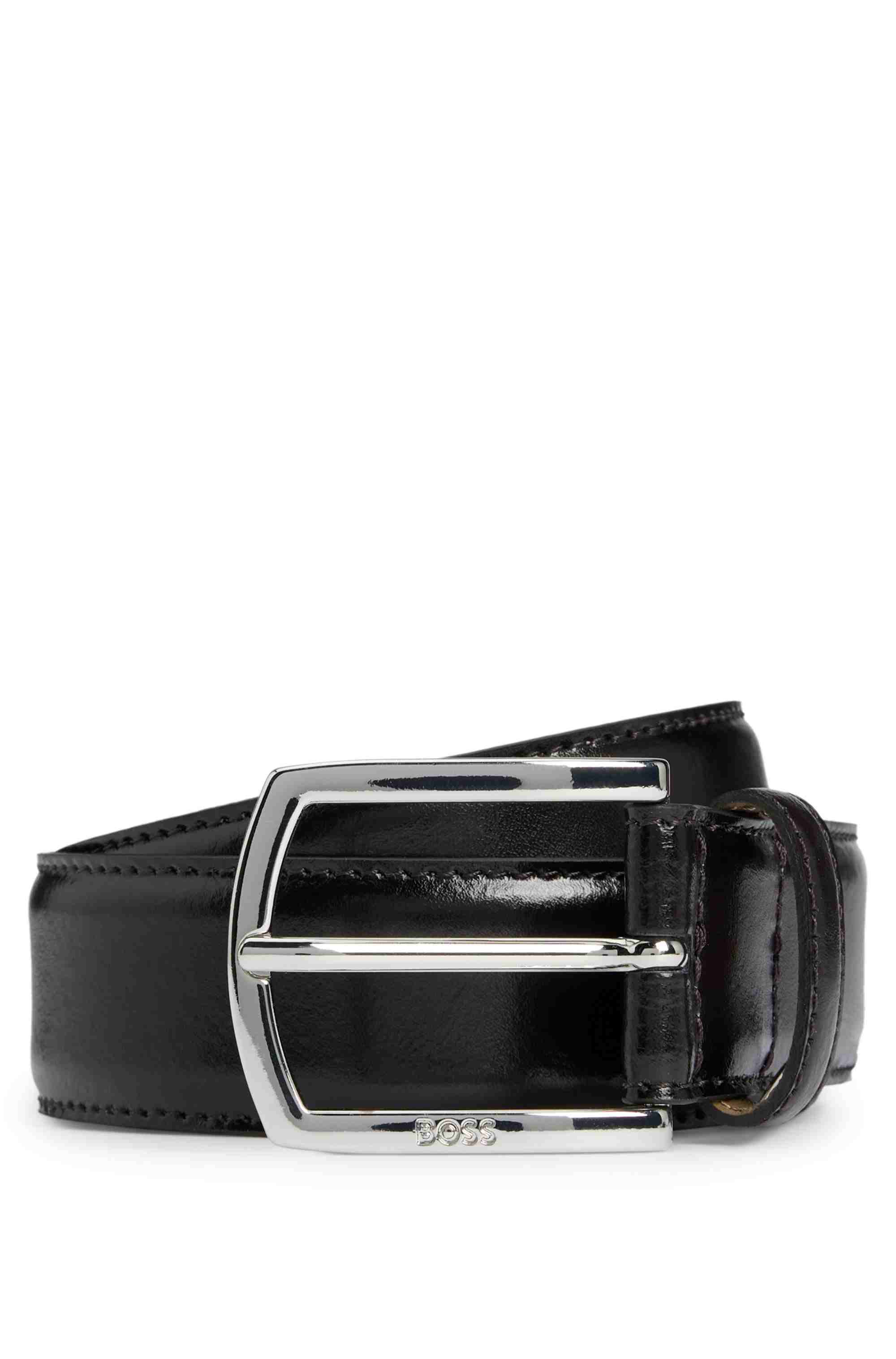 Italian-leather belt with polished logo buckle