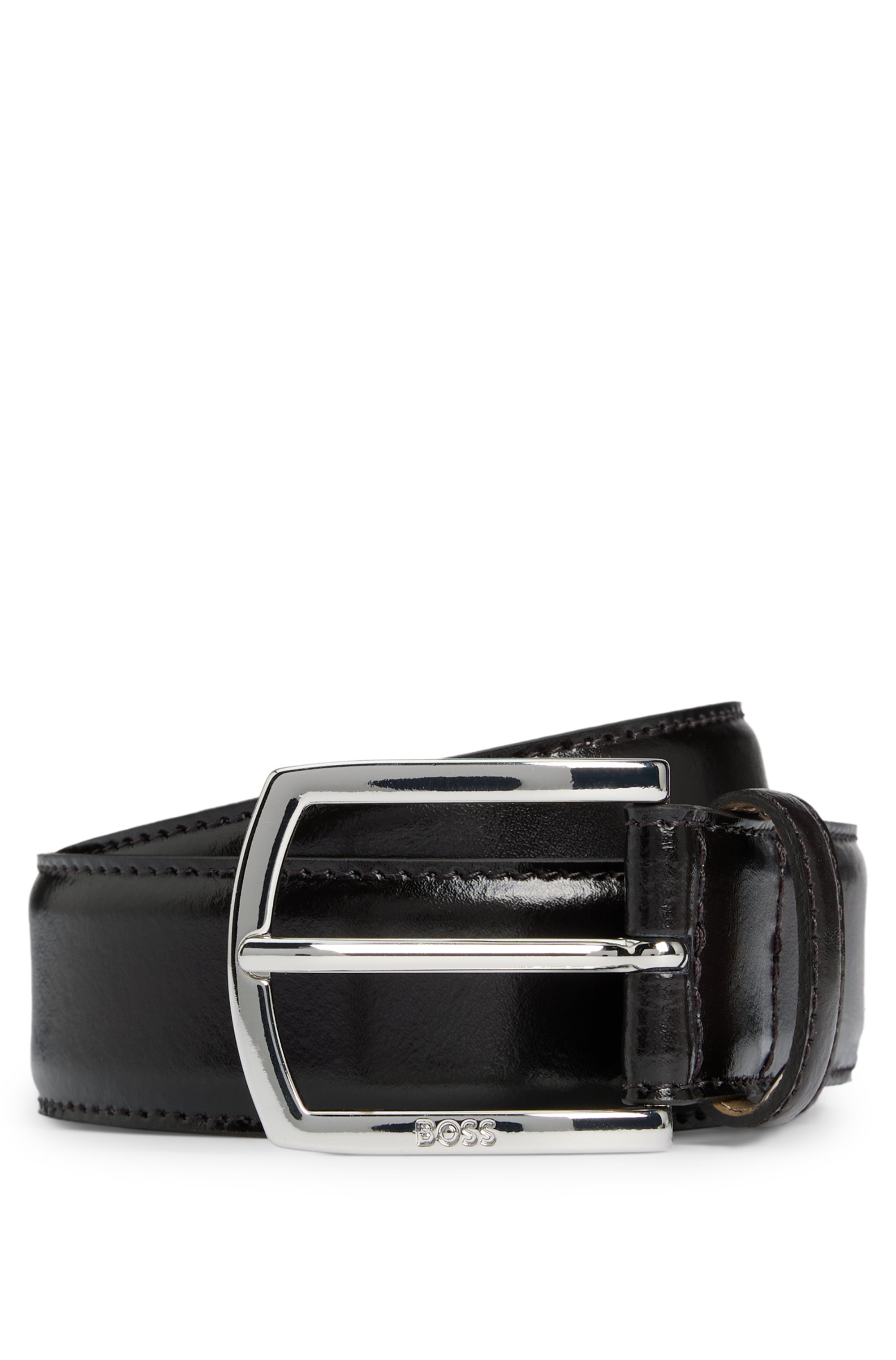 Italian-leather belt with polished logo buckle
