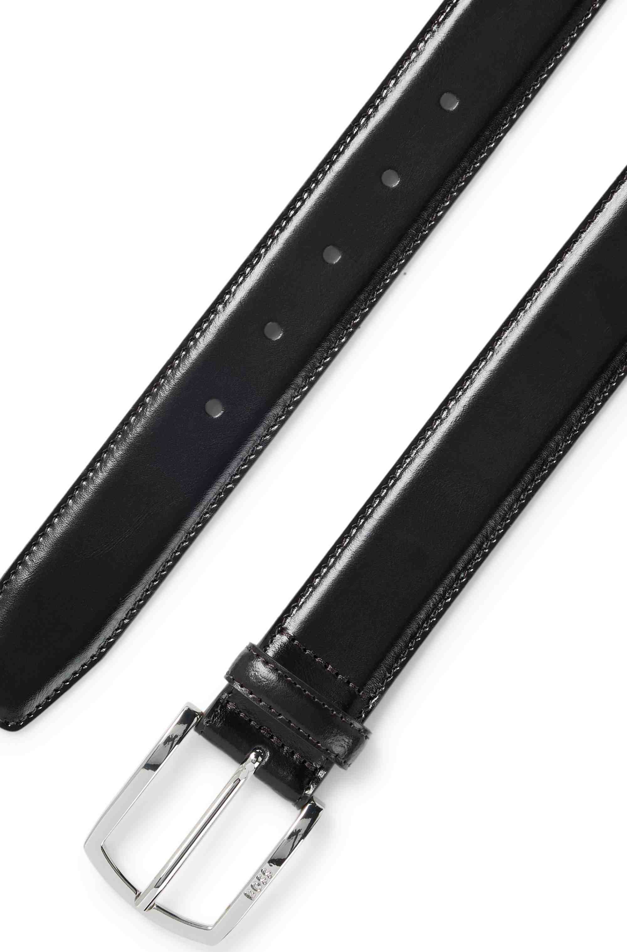 Italian-leather belt with polished logo buckle