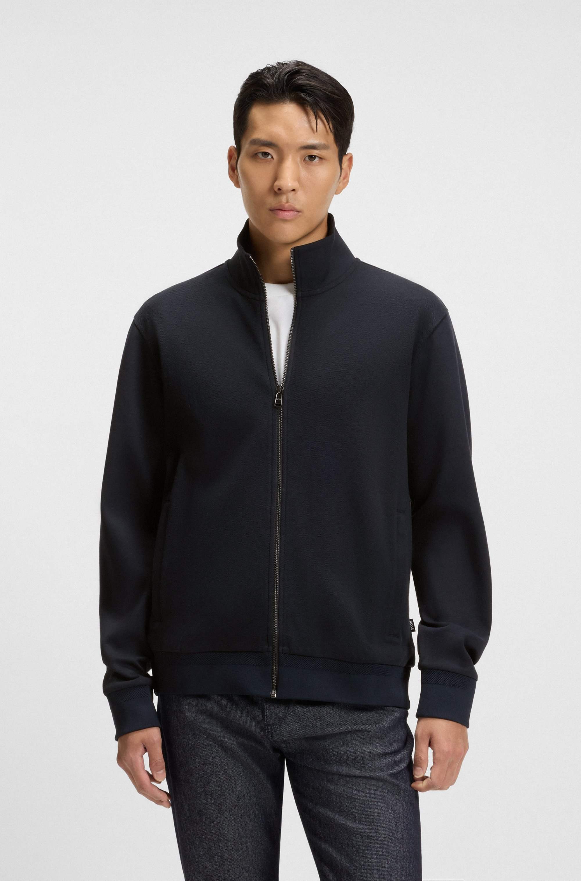 Zip-up sweatshirt in mercerised stretch-cotton piqué