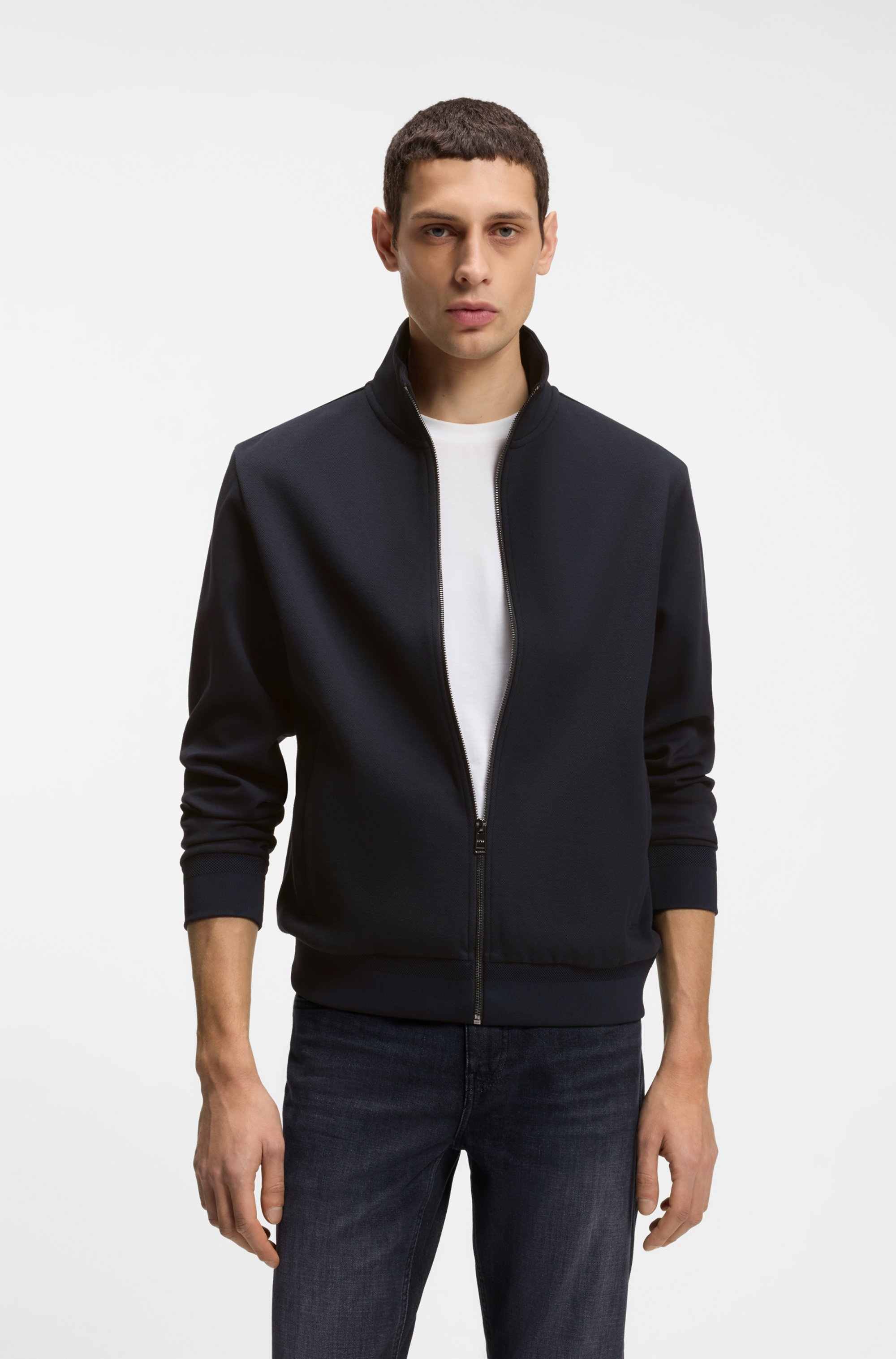 Zip-up sweatshirt in mercerised stretch-cotton piqué