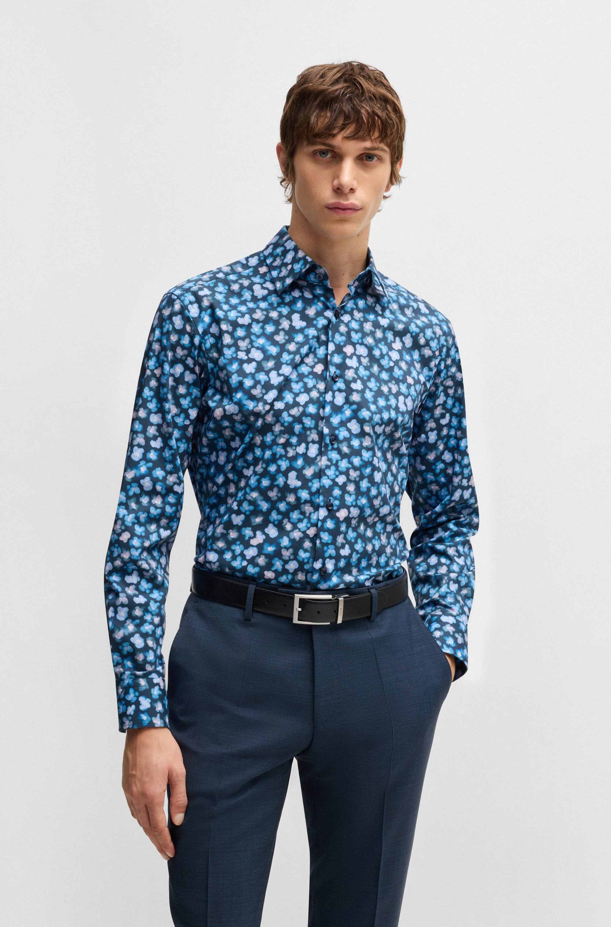 Regular-fit shirt in floral-print stretch-cotton poplin